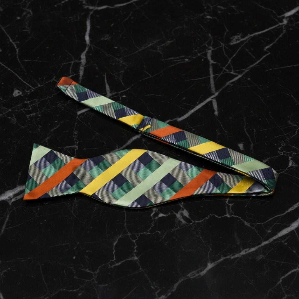 Green and Orange Plaid Self Tie Bow Tie