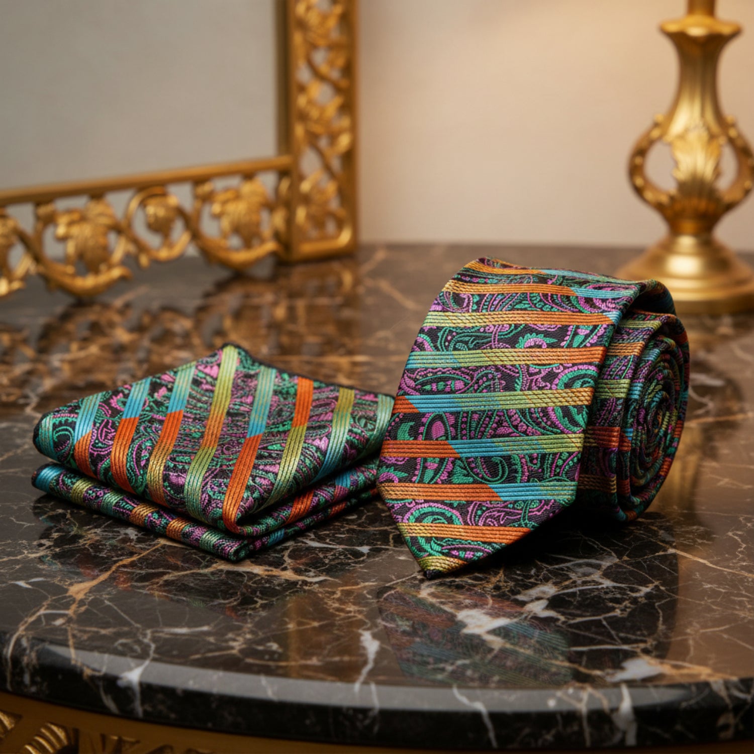 Colorful patterned tie and pocket square set on a white background