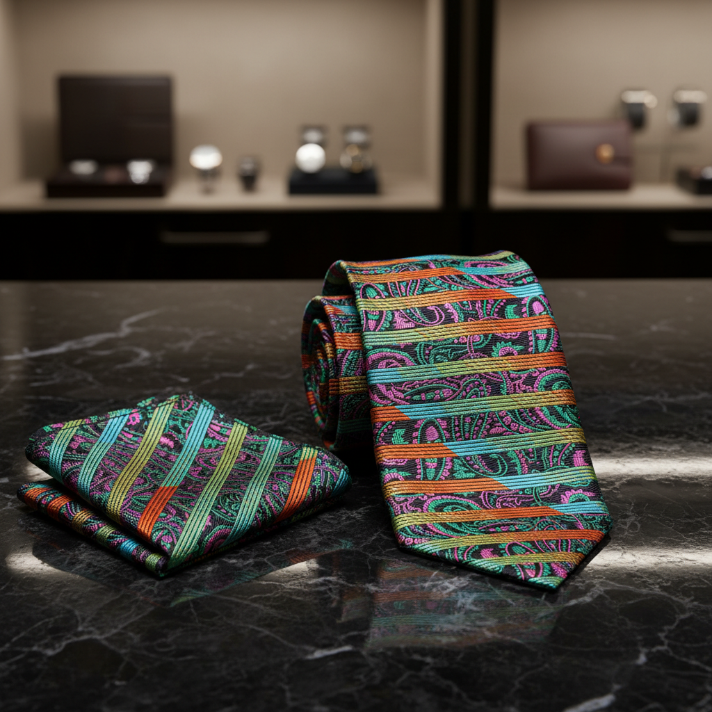 Colorful patterned tie and pocket square on a dark surface with blurred background