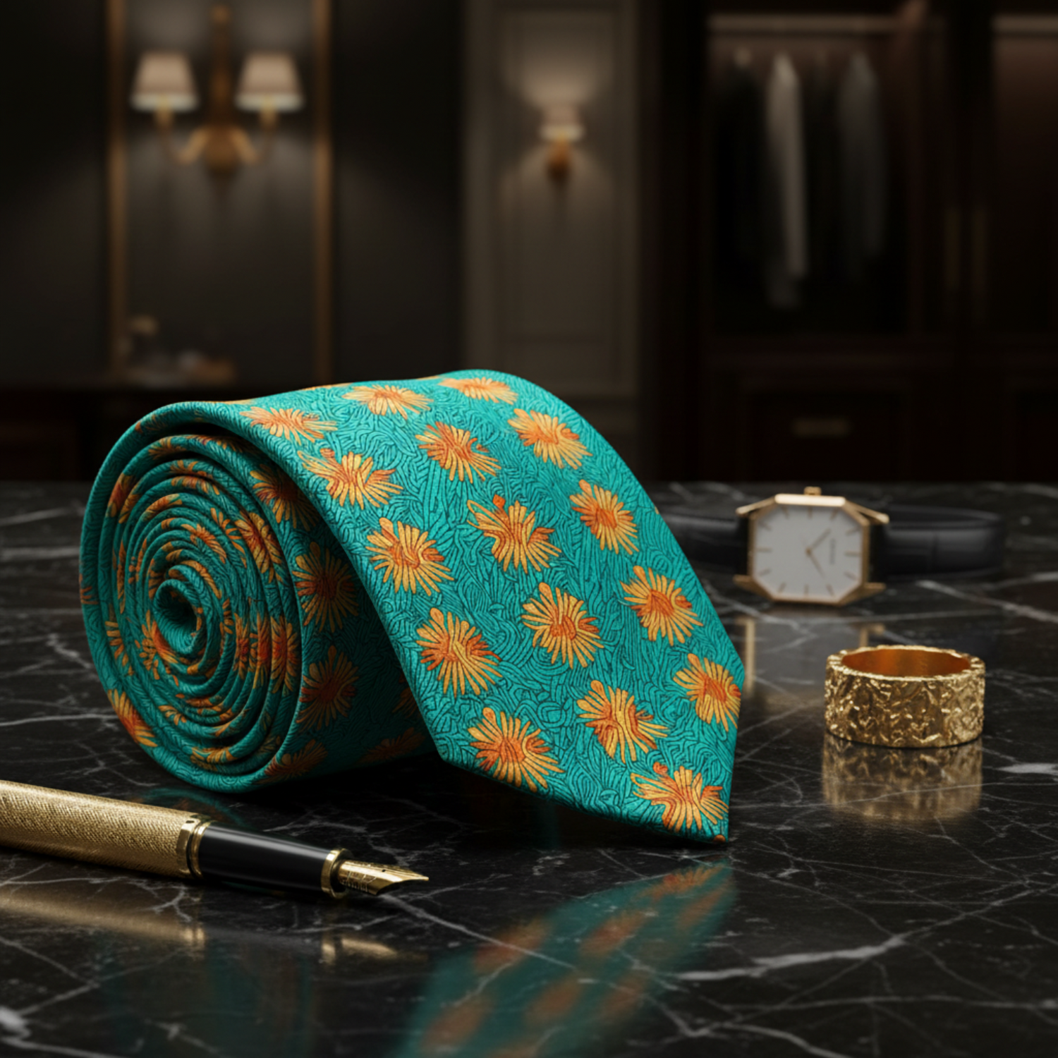 Green, Orange Abstract Necktie 