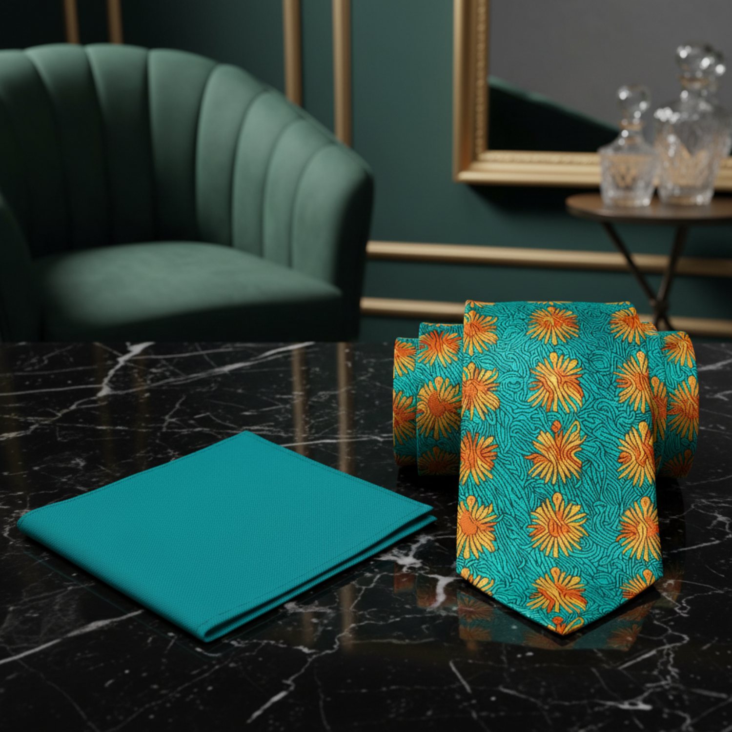 Alt View: Green, Orange Abstract Necktie and Square