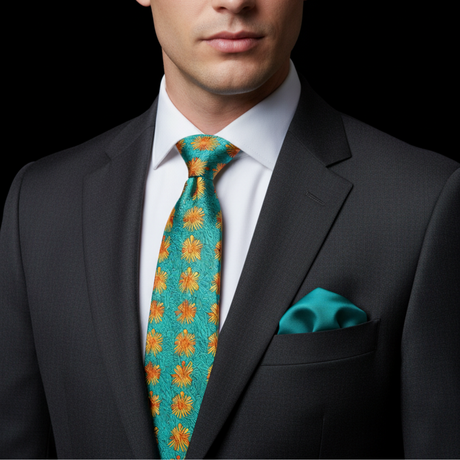 Man wearing a black suit with a colorful tie and matching pocket square on a black background