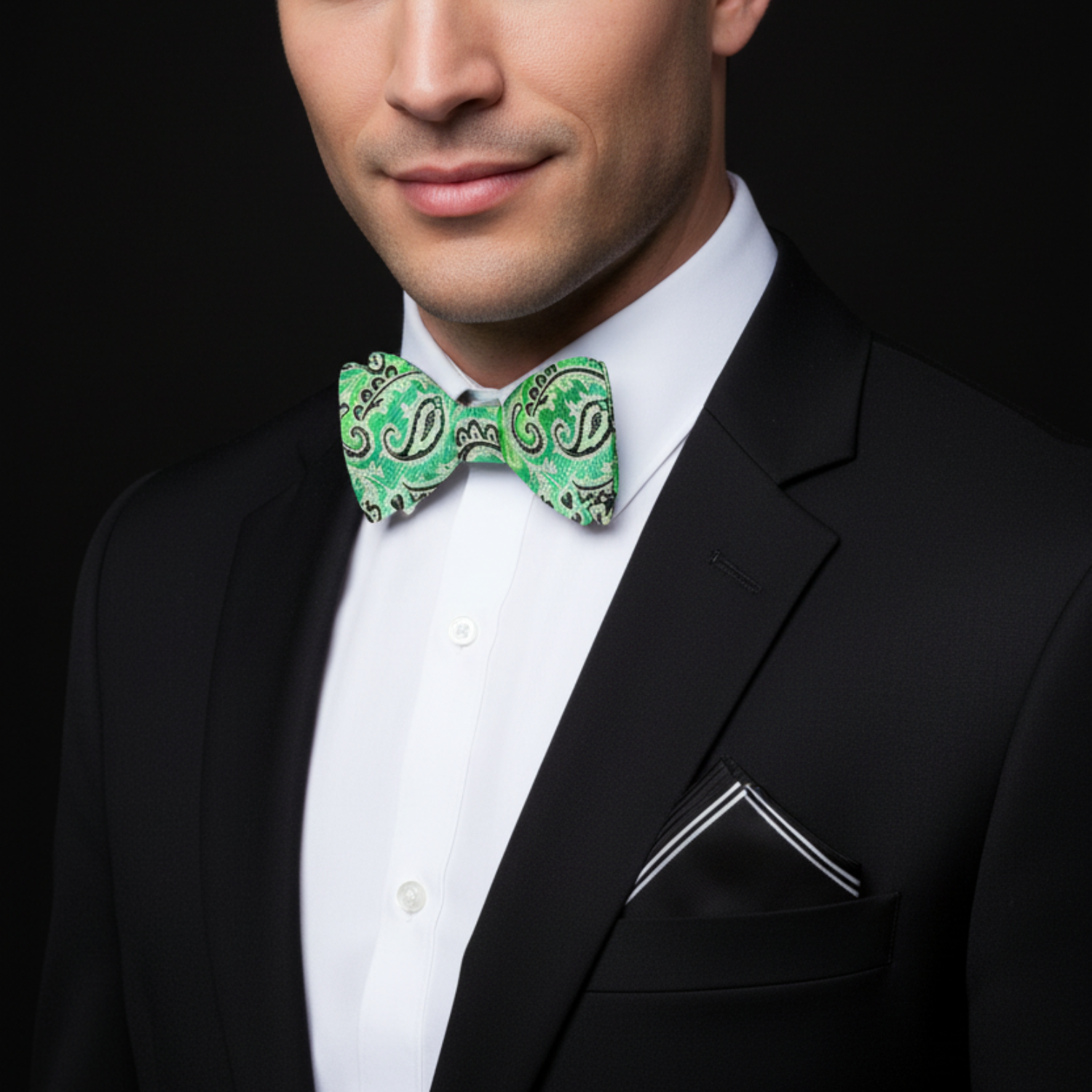 Man wearing a black suit with a green bow tie against a black background