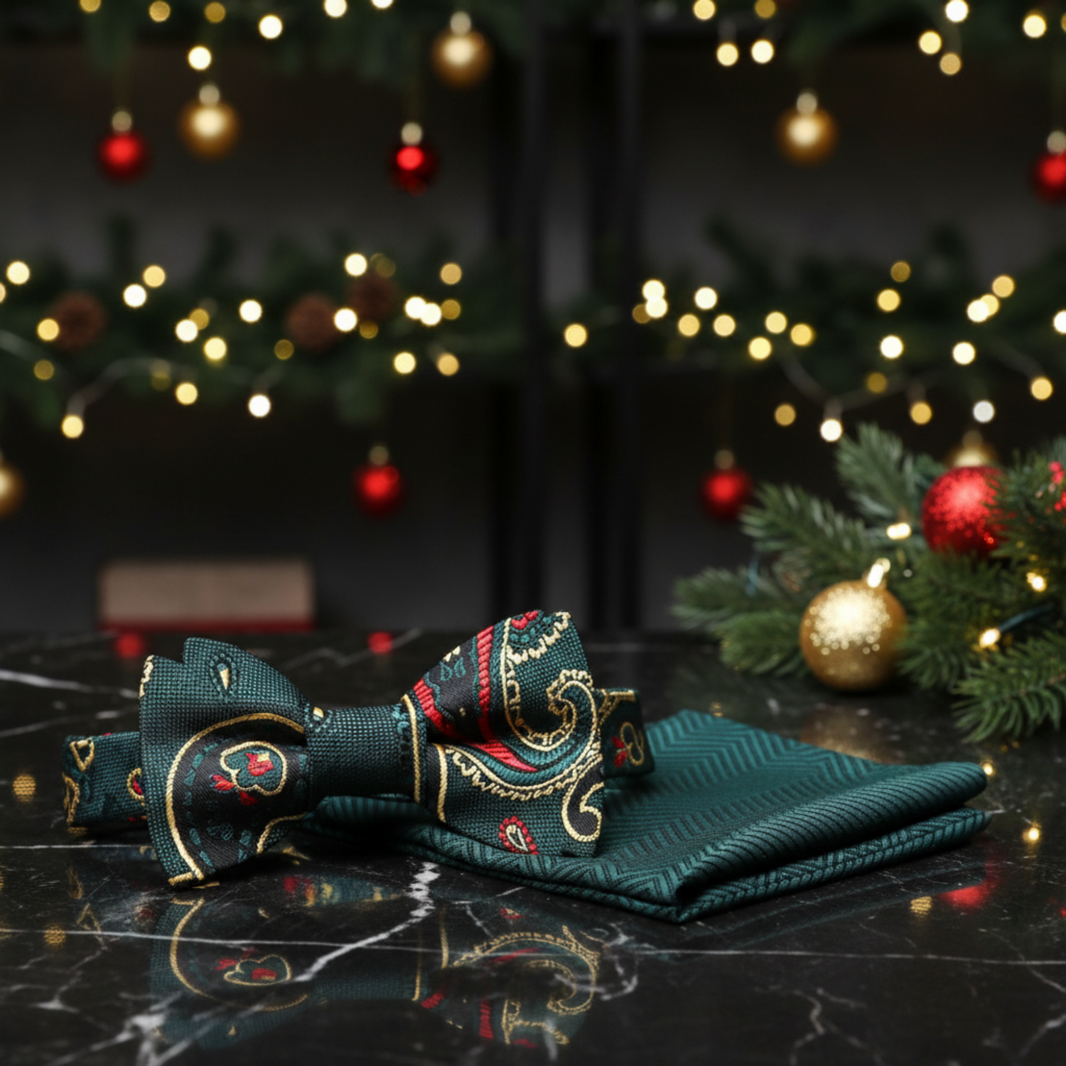 Green, Red, Gold Paisley Bow Tie and Solid Green Square