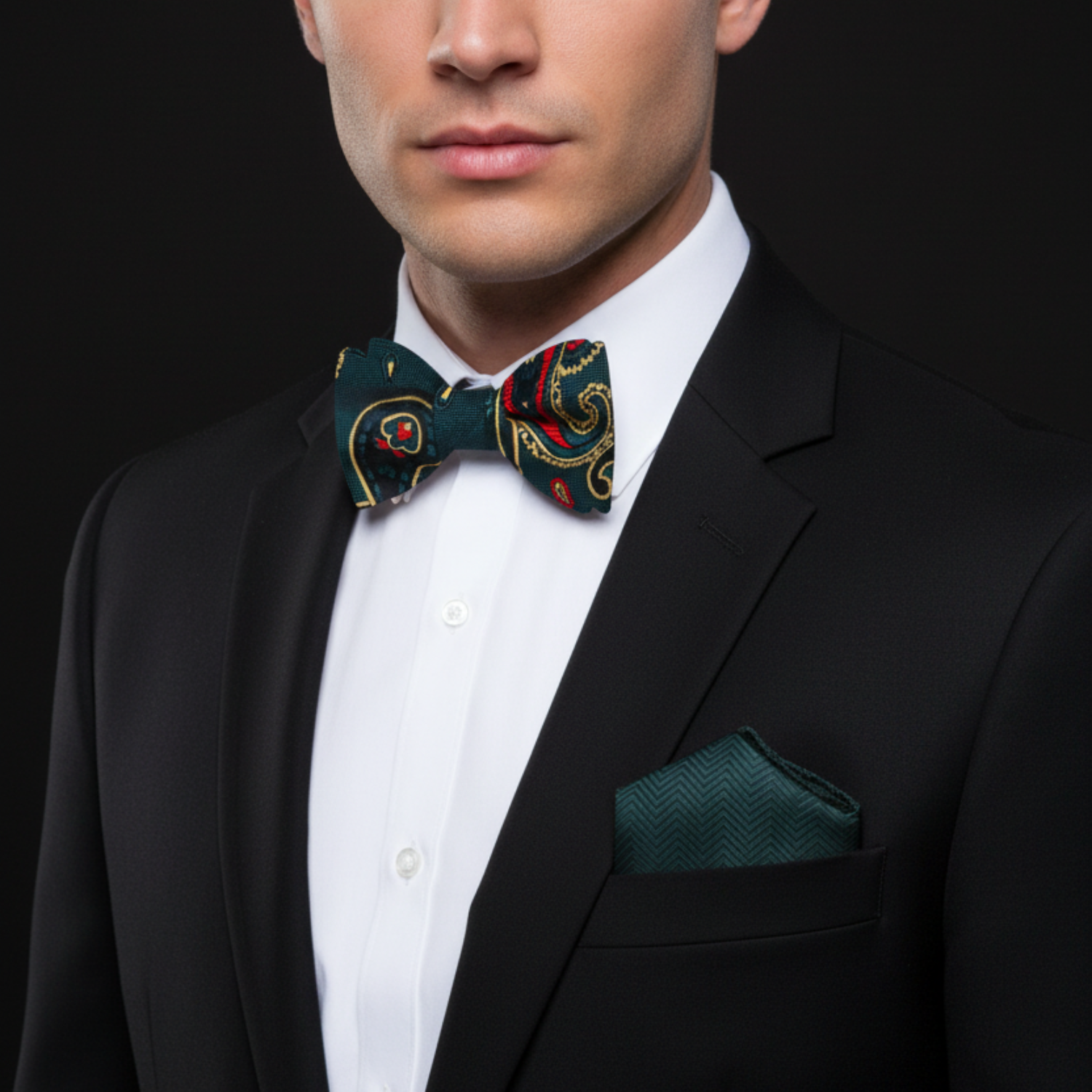 Man wearing a black suit with a colorful bow tie and matching pocket square on a black background