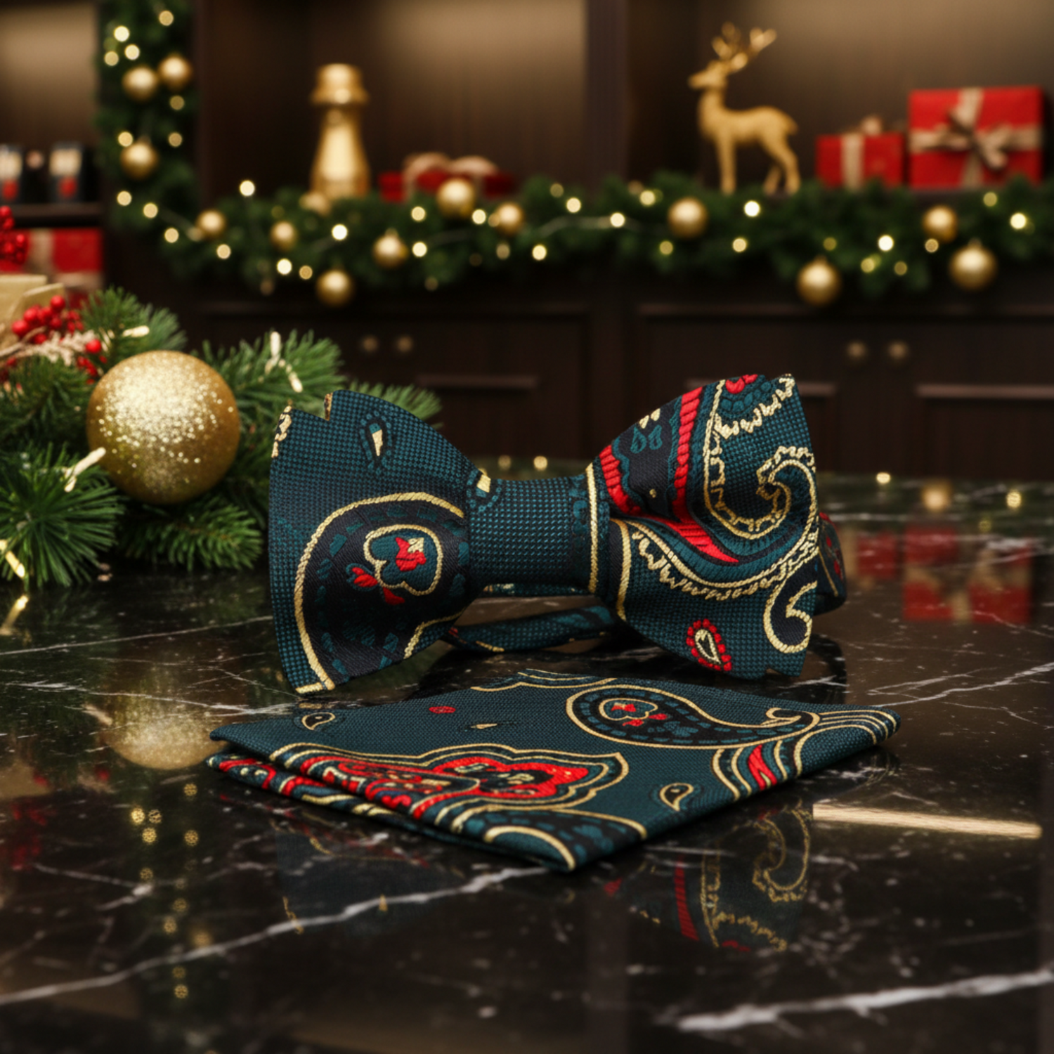 Green, Red, Gold Paisley Bow Tie and Matching Square