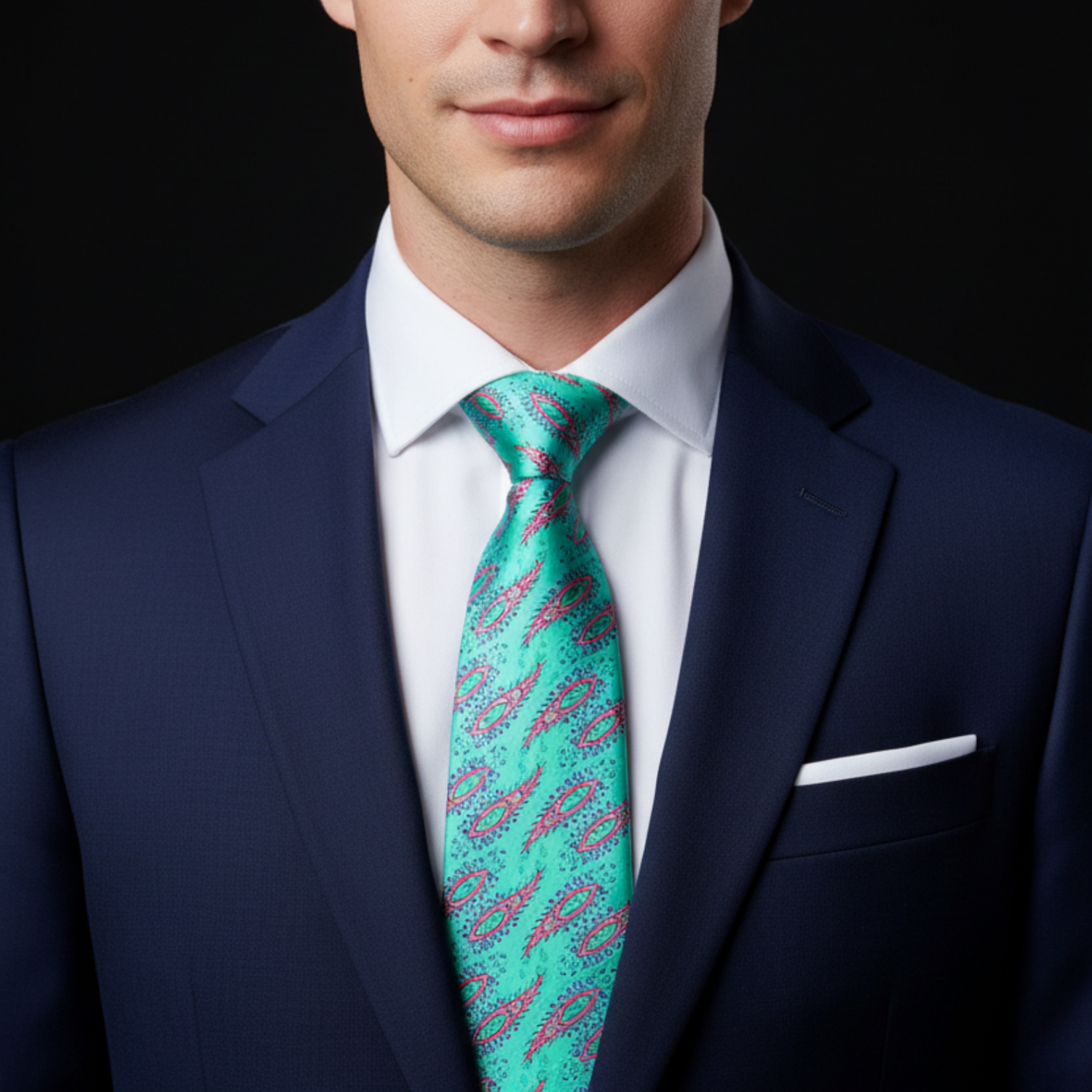 Man wearing a blue suit with a patterned green tie against a black background