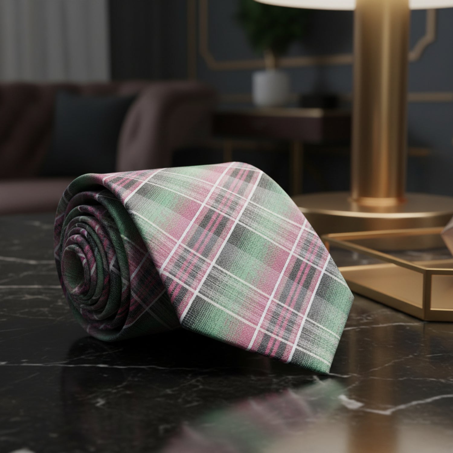  Green, Pink and White Plaid Necktie 