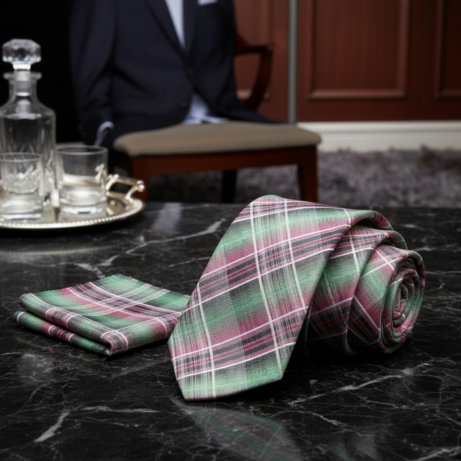 Alt View: Green, Pink and White Plaid Necktie and Matching Square