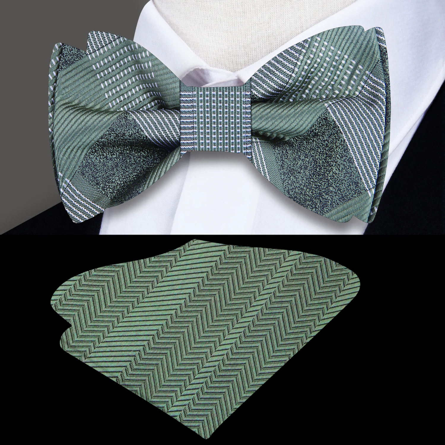 Green Plaid Bow Tie and Accenting Sage Square