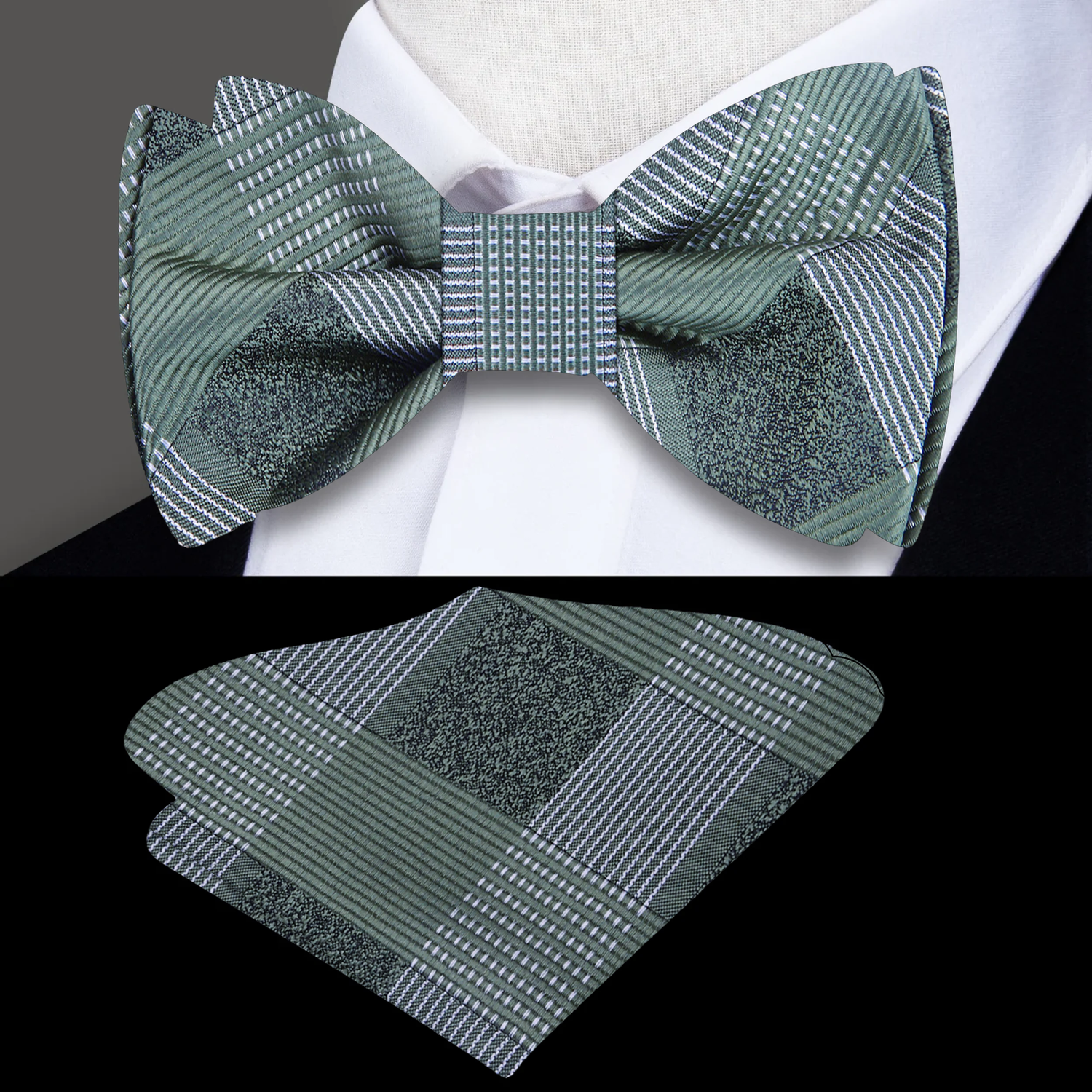 Green and gray striped bow tie and pocket square set on a white shirt background.