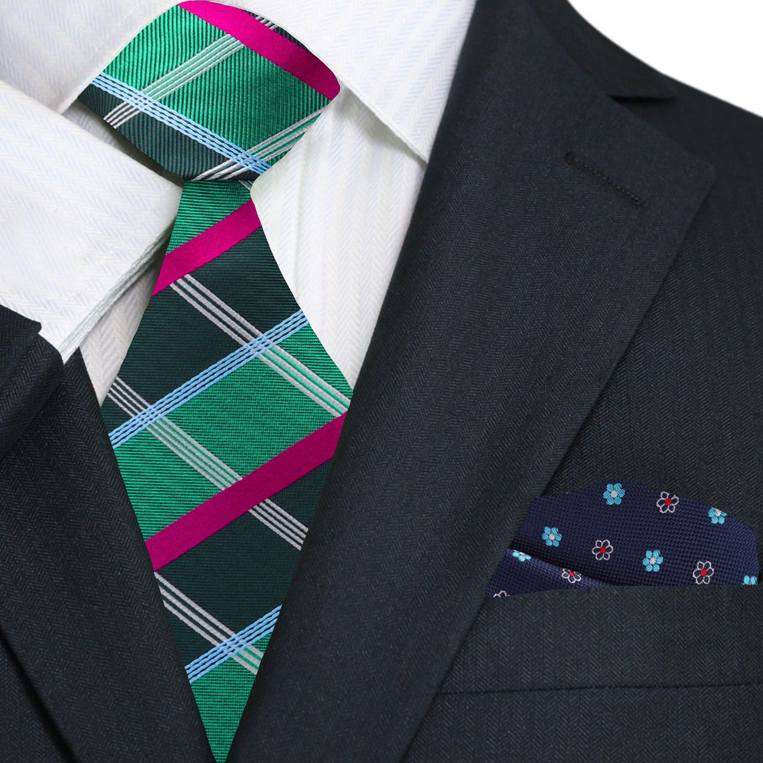 Green Plaid Necktie and Accenting Blue Floral Square