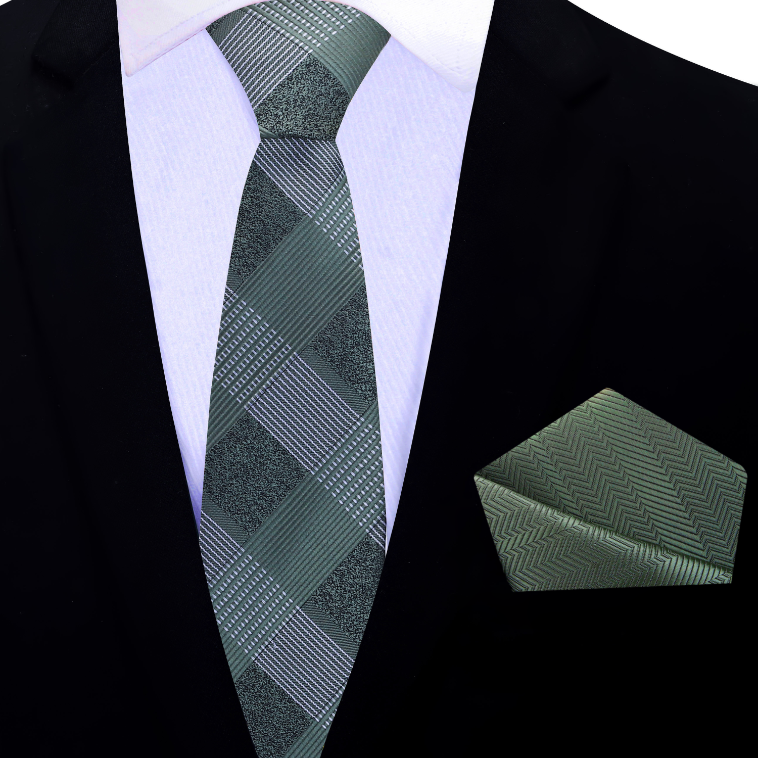 Thin Green Plaid Tie and Accenting Green Square