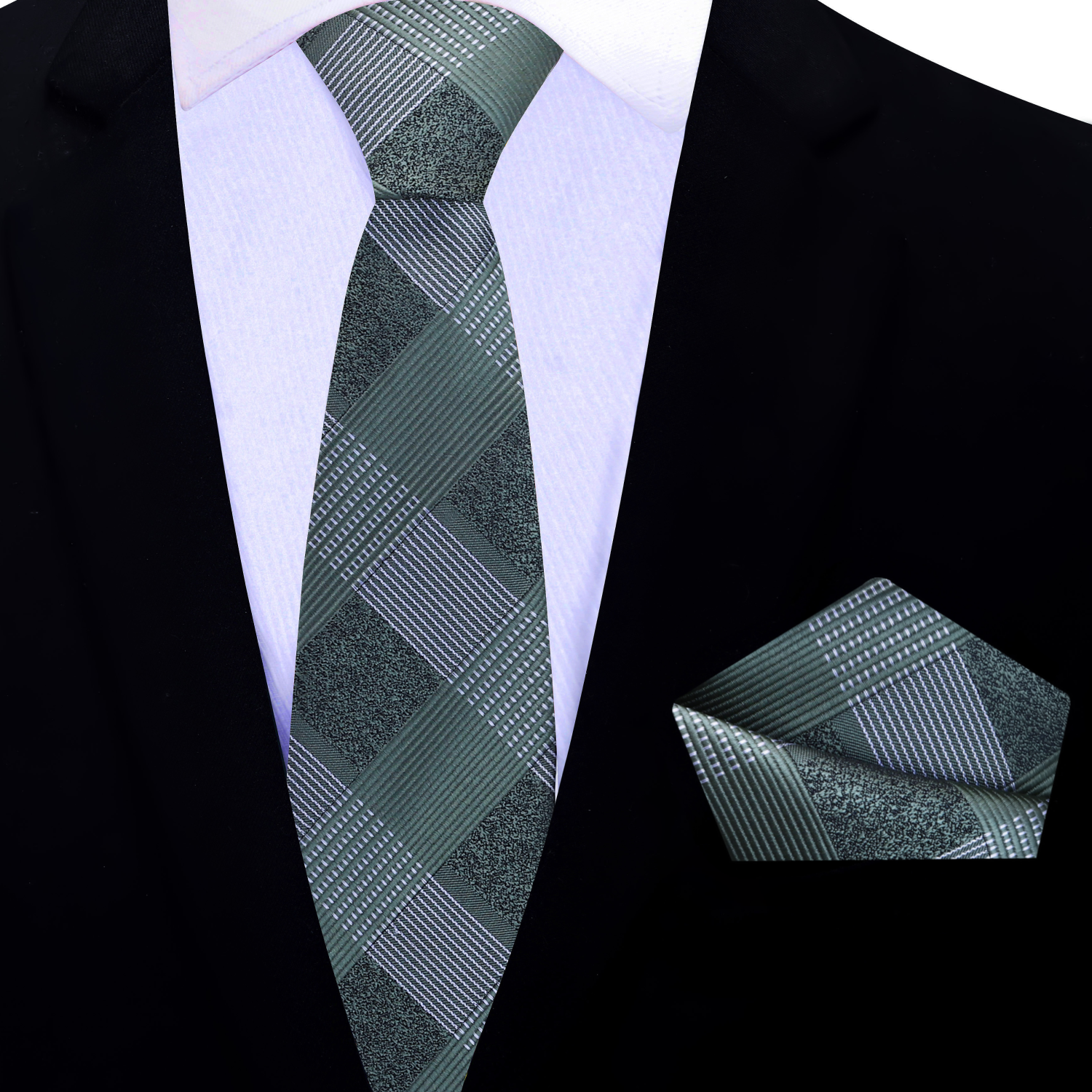 Thin Green Plaid Tie and Accenting Square