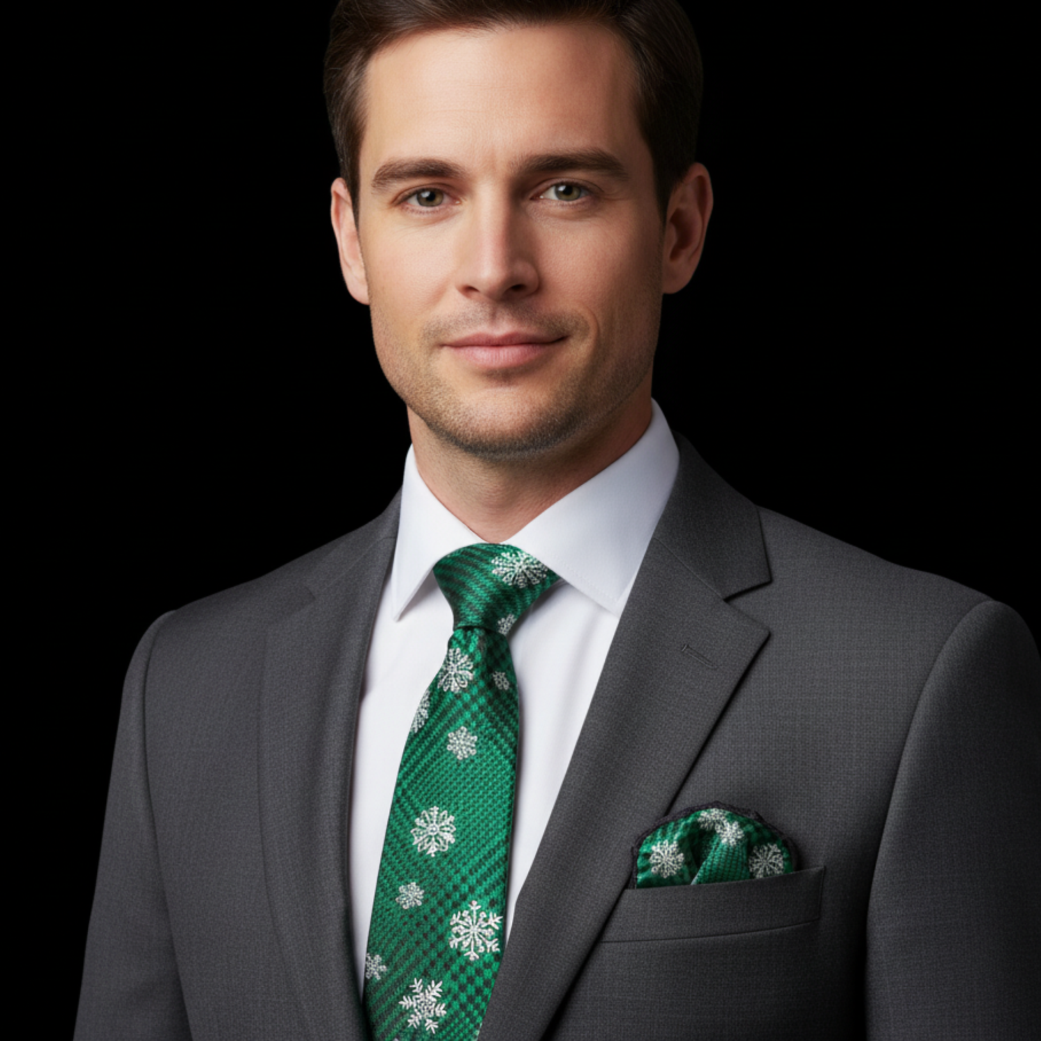 Man wearing a gray suit with a green tie and pocket square on a black background