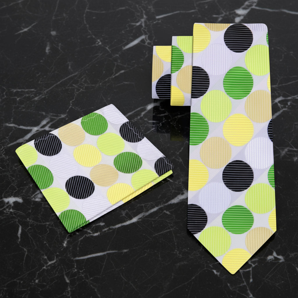 Two patterned fabric swatches with green, yellow, and black circles on a white background.
