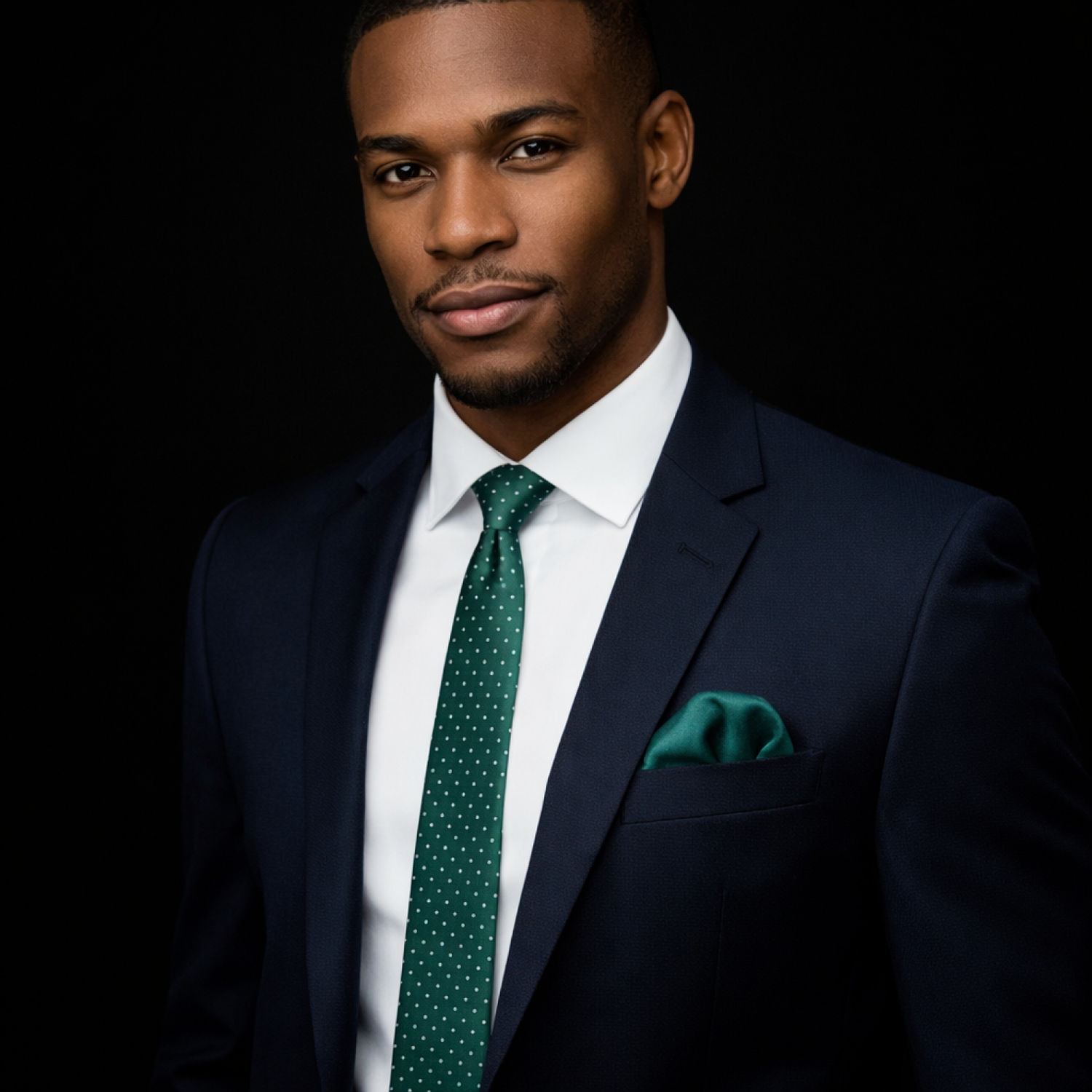 Man wearing a navy suit with a green polka thin tie and pocket square on a black background