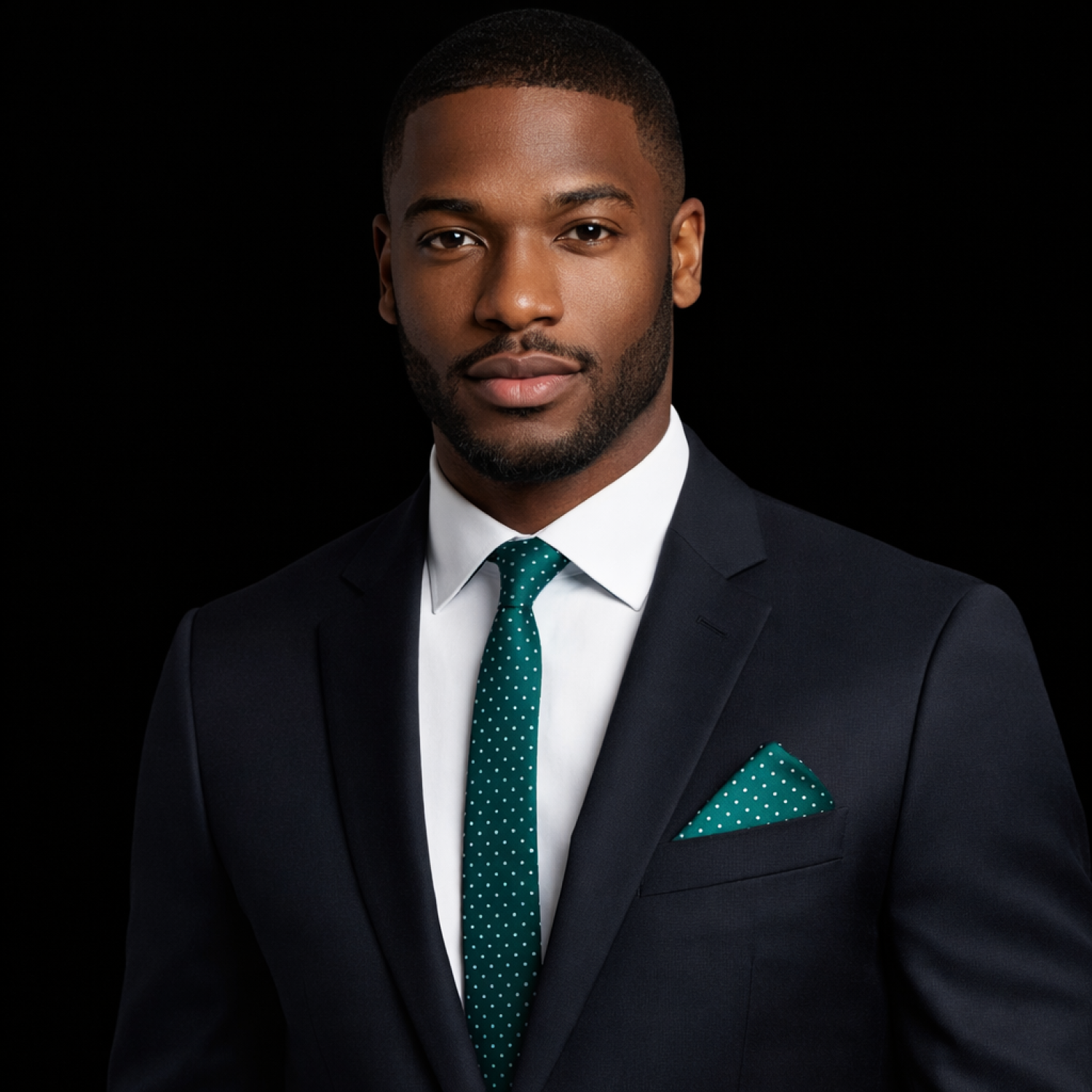 Man wearing a dark suit with a green polka dot thin tie and pocket square on a black background