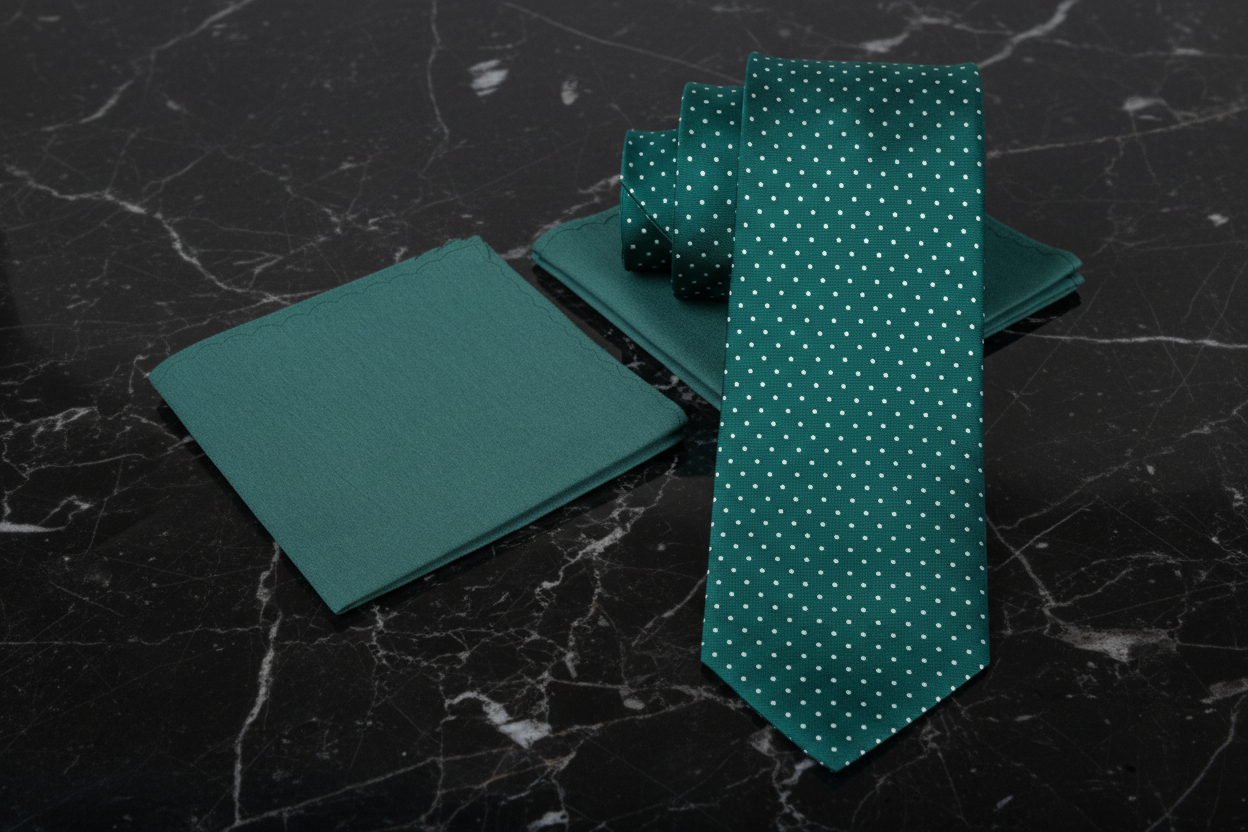 Green tie with white polka dots and green pocket square on a dark marble surface