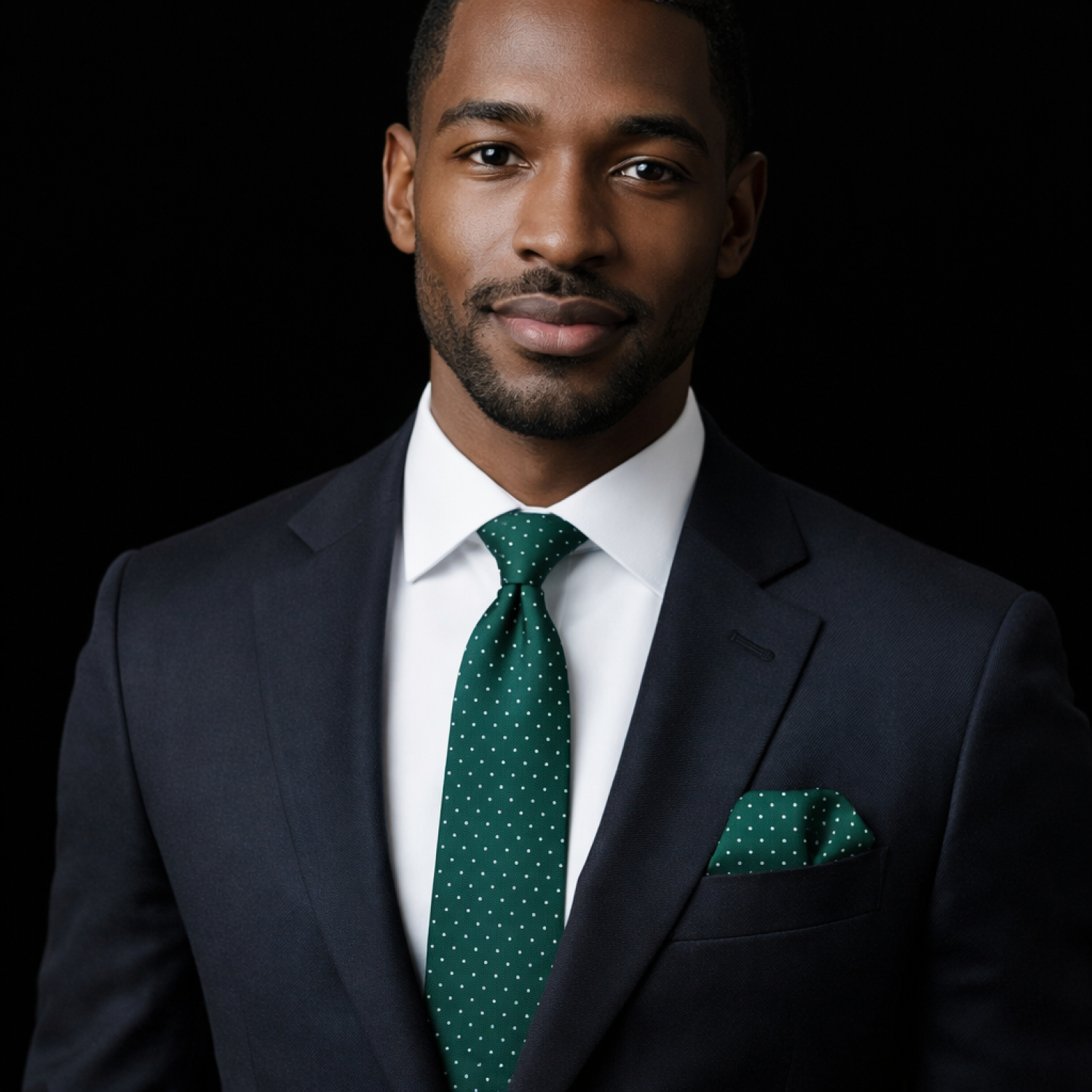 Man wearing a dark suit with a green polka dot tie and pocket square on a black background
