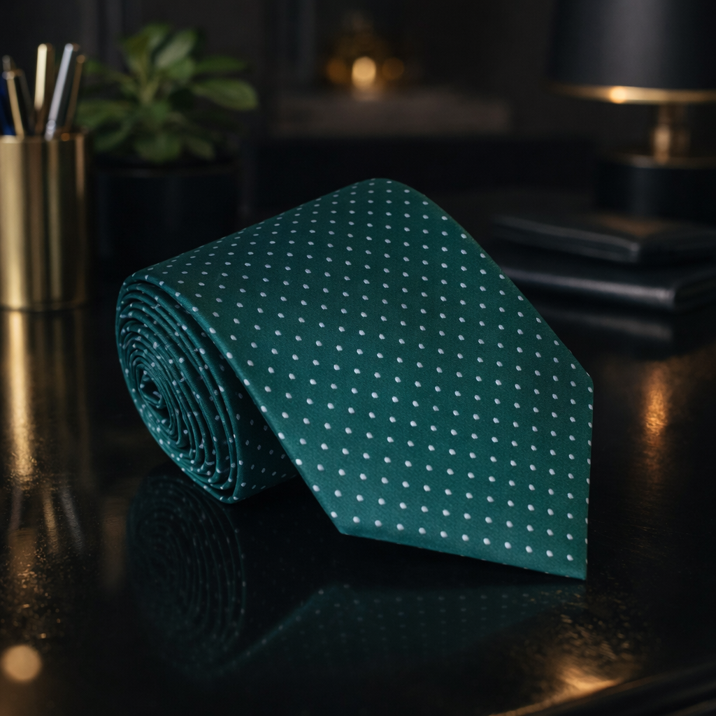 Rolled green tie with white polka dots on a dark surface