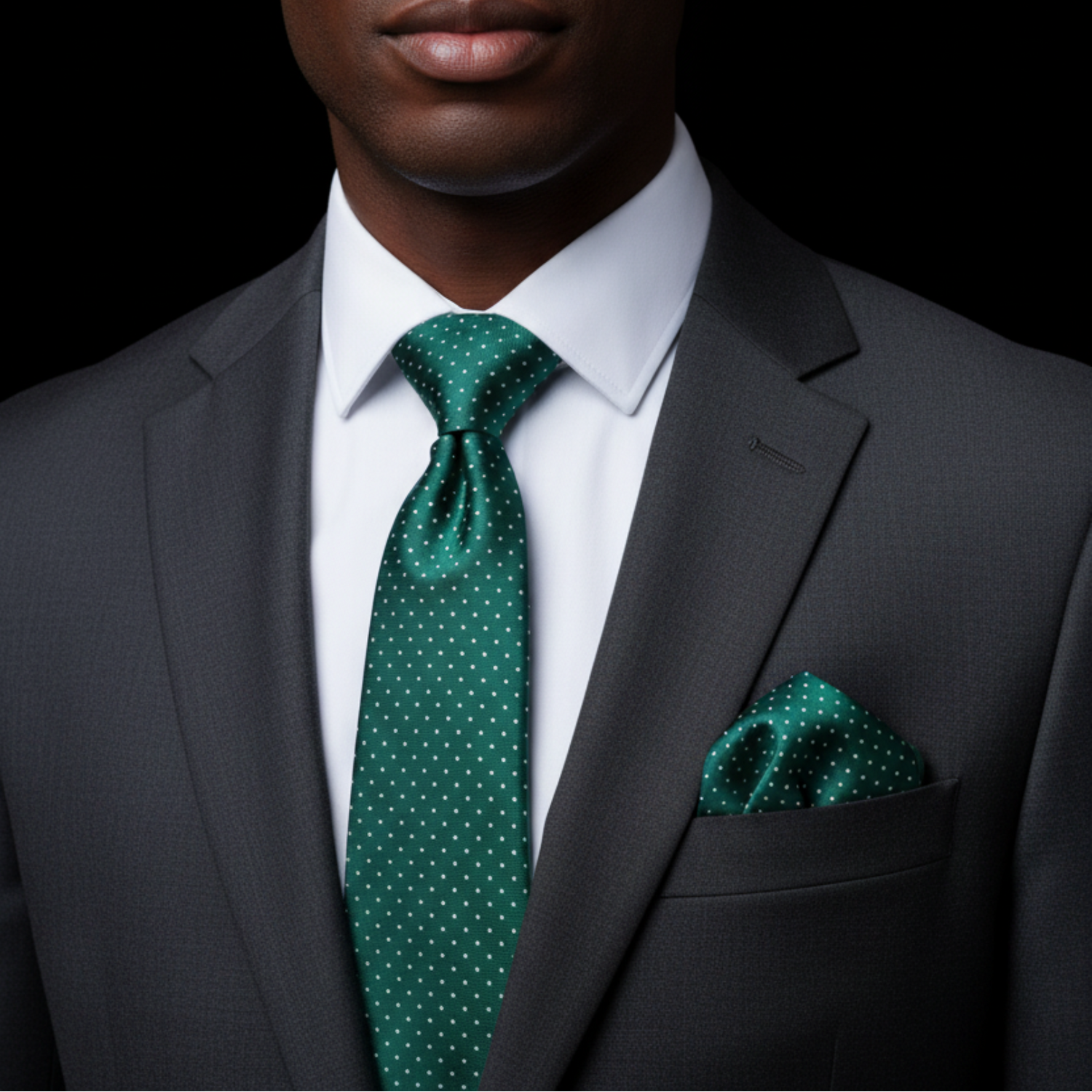 Man wearing a gray suit with a green polka dot tie and pocket square on a black background