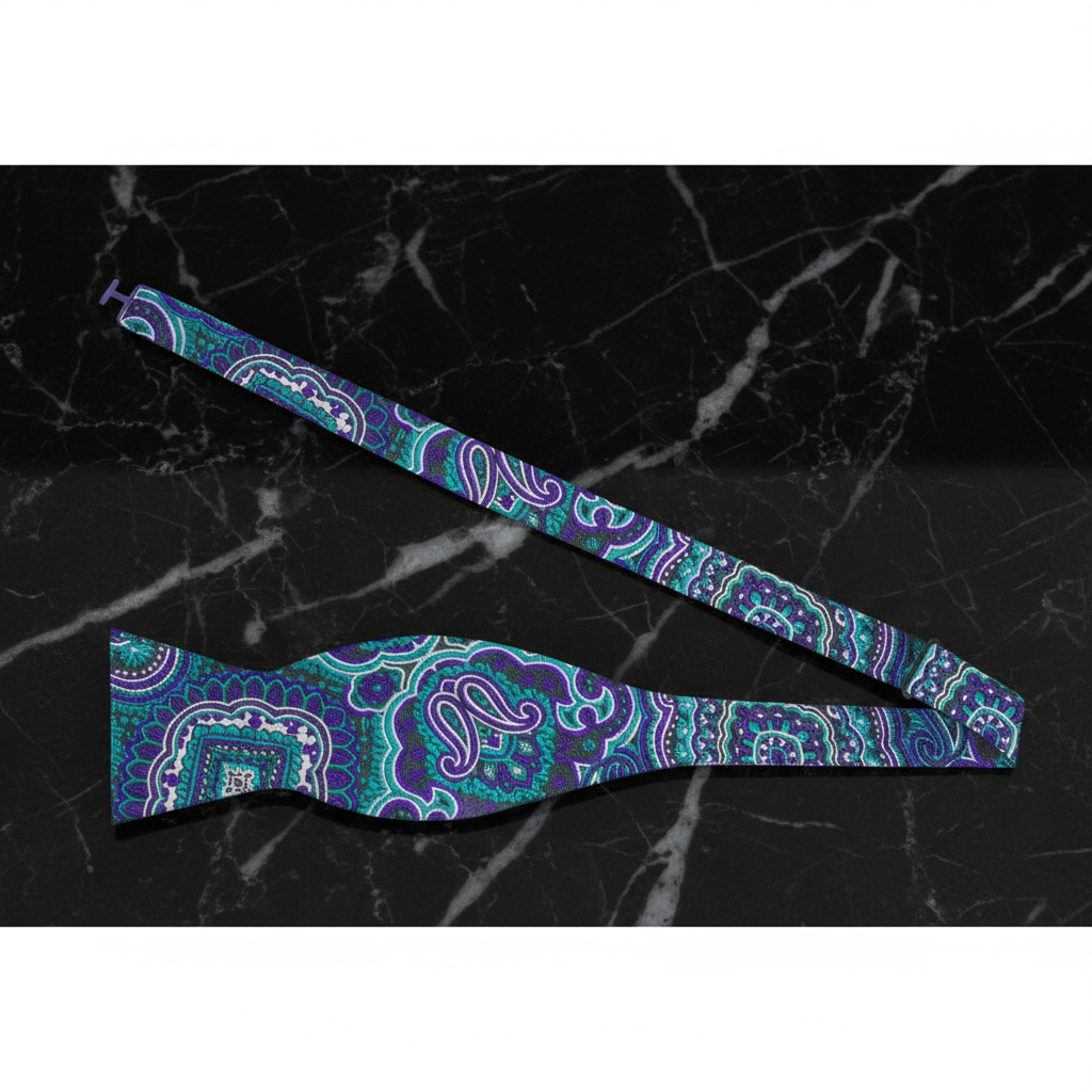Green Purple Black Paisley Bow Tie Self Tie