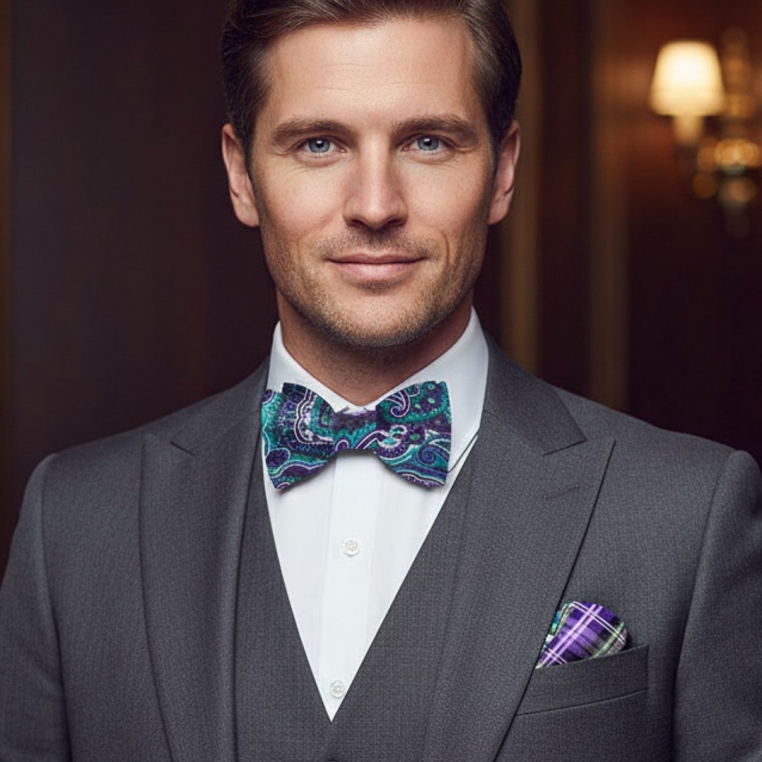 Man wearing a gray suit with a colorful bow tie and pocket square indoors.