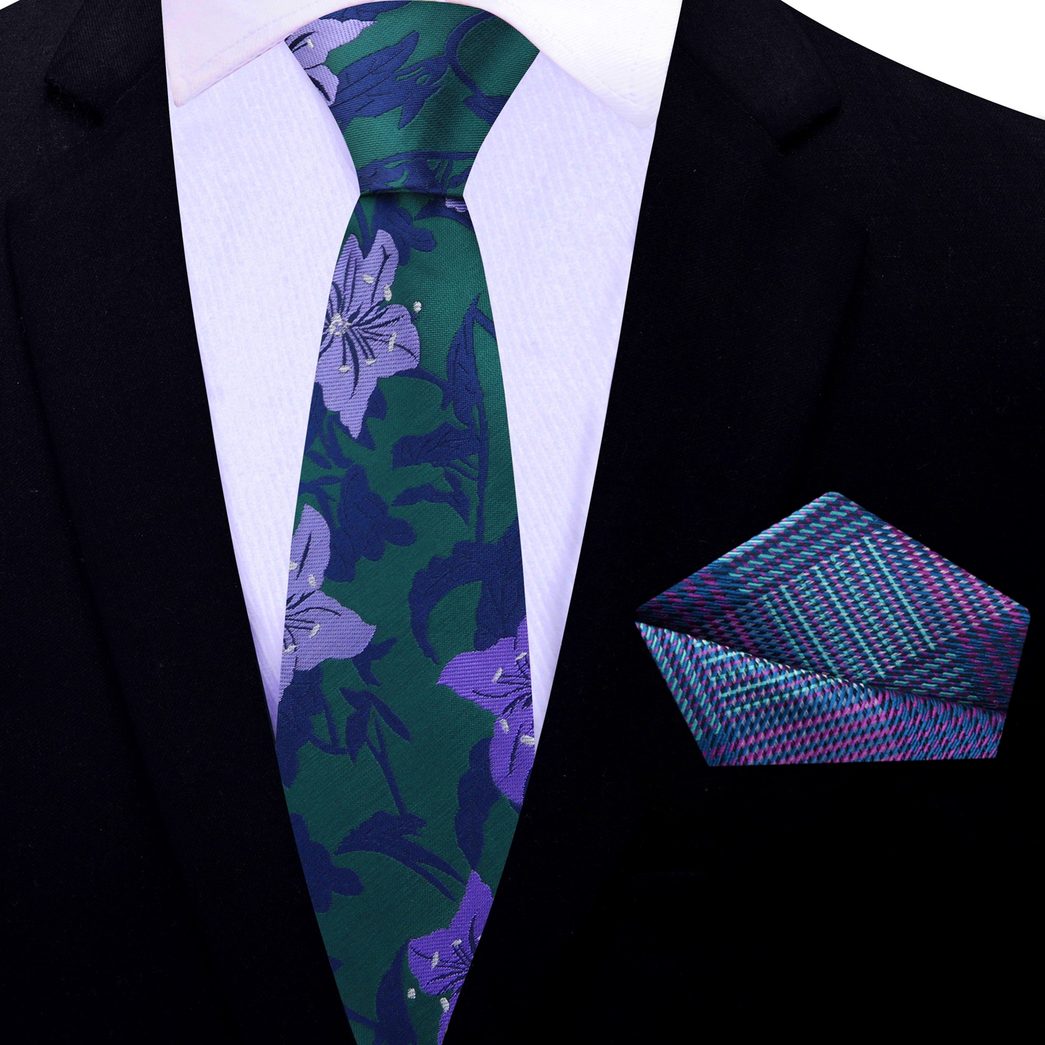 Thin Green, Purple and Blue Floral Tie and Accenting Square