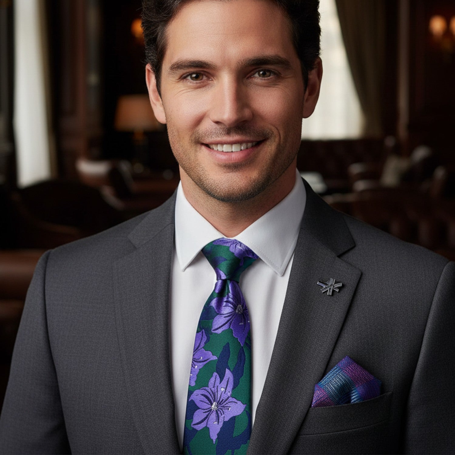 Man wearing green and purple floral tie and accenting square
