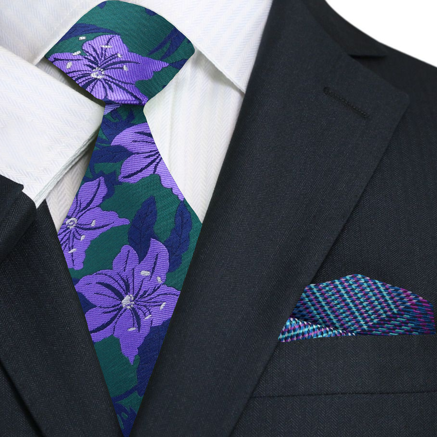 Green, Purple and Blue Floral Tie and Accenting Square