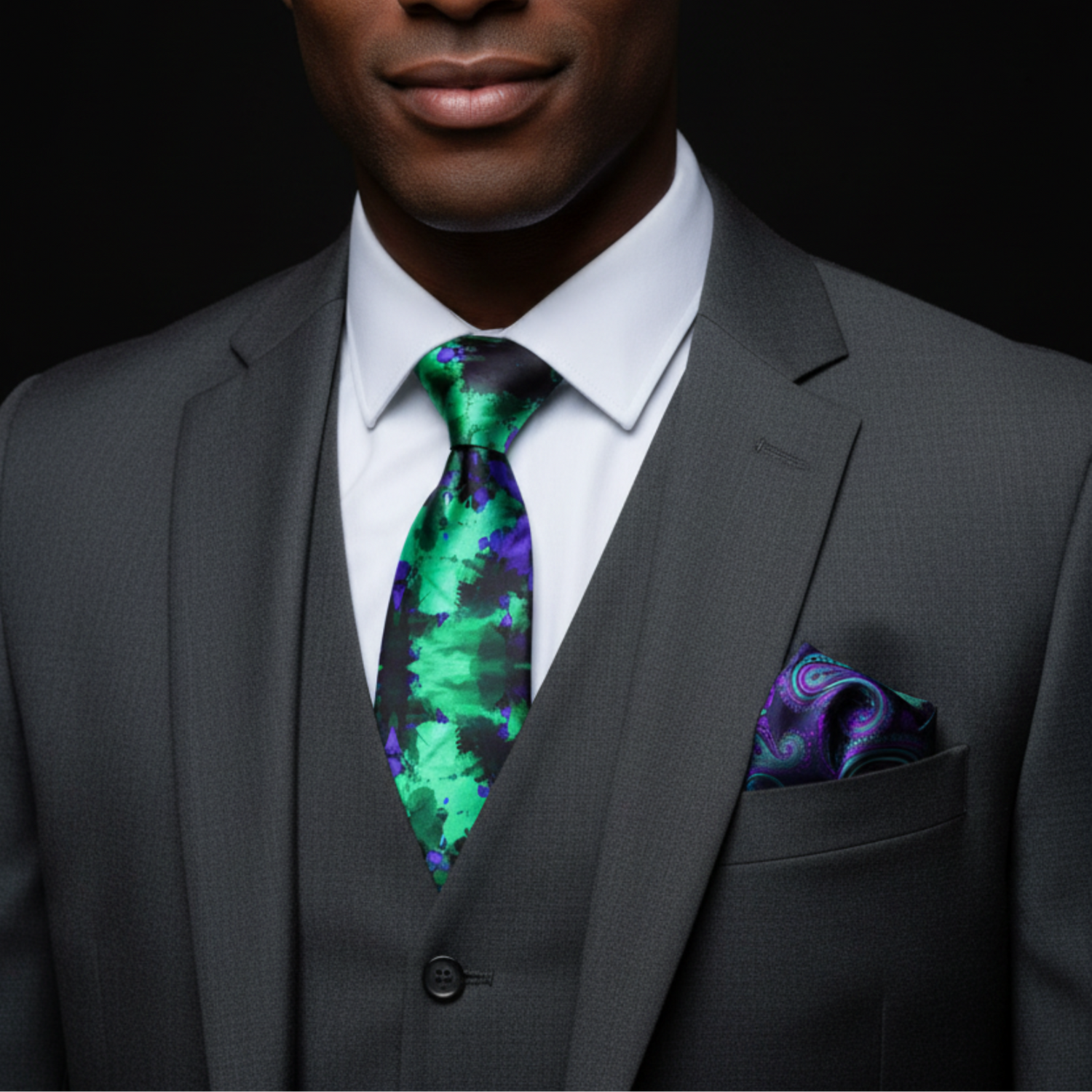 Man wearing a gray suit with a green and purple tie and pocket square against a black background
