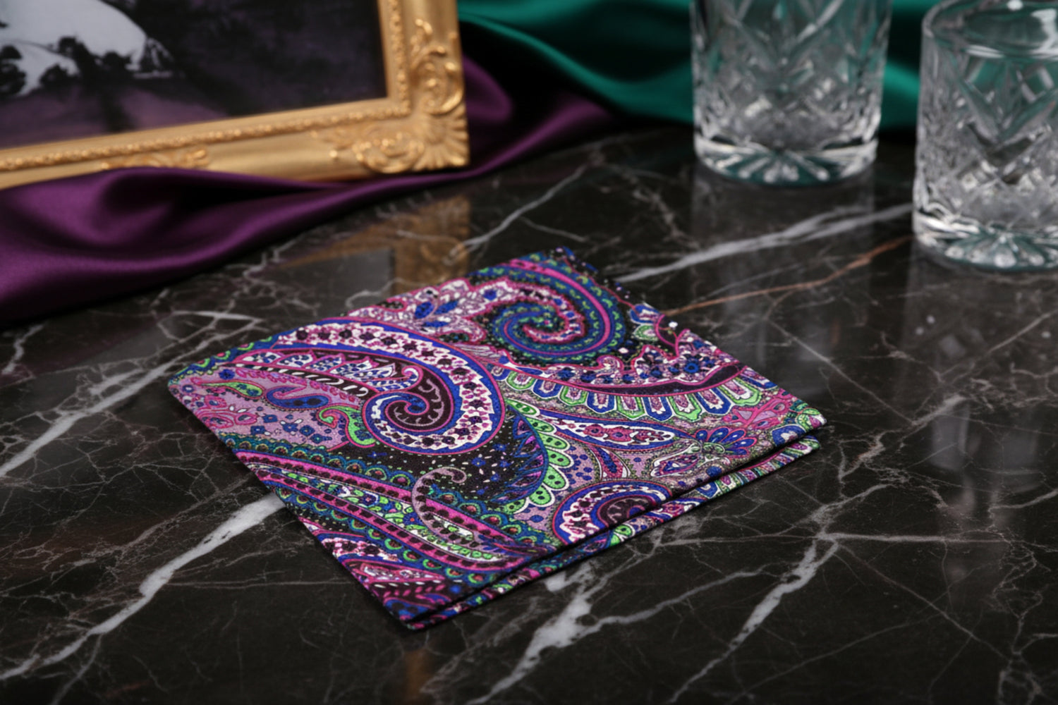 A Pink, Blue, Green, Brown Paisley Pattern Pocket Square