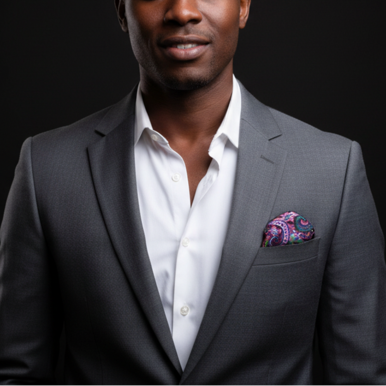 Man wearing a gray suit with a white shirt and patterned pocket square on a black background