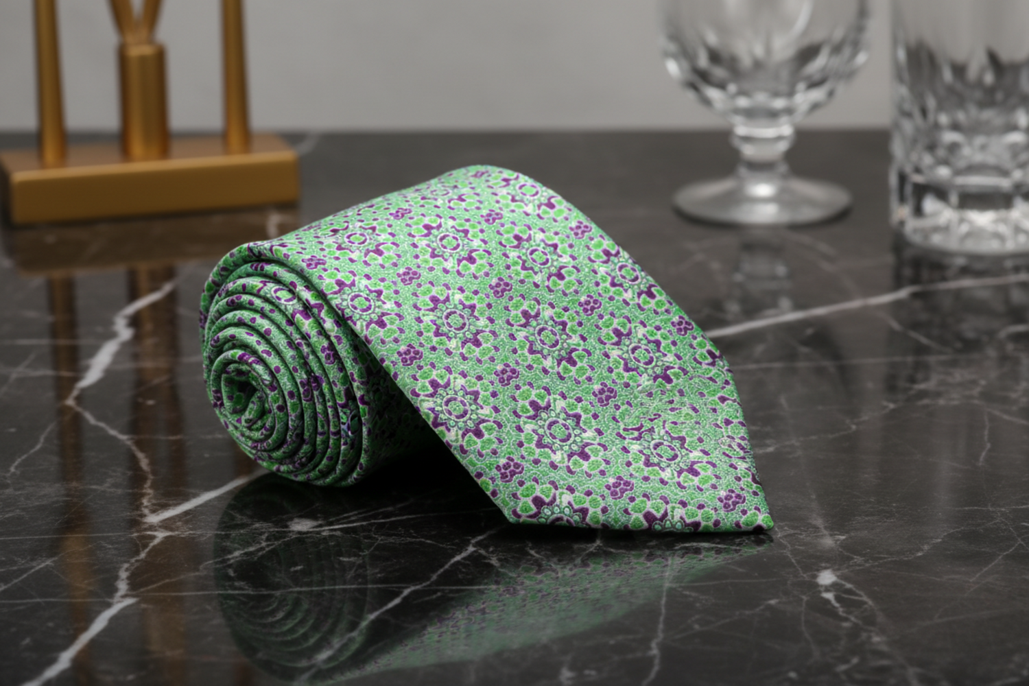 Green, White, Purple Mosaic Tie on Black Marble Surface