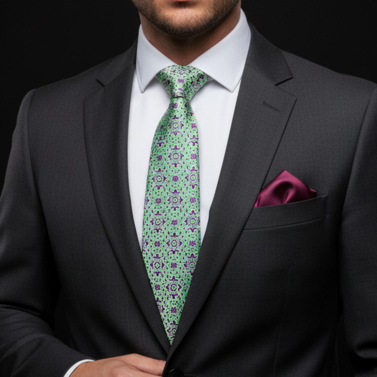 Purple pocket square and green patterned tie on a white background