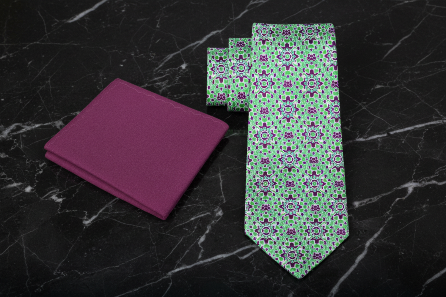 Alt View: Green, White, Wine Mosaic Abstract Necktie and Wine Square