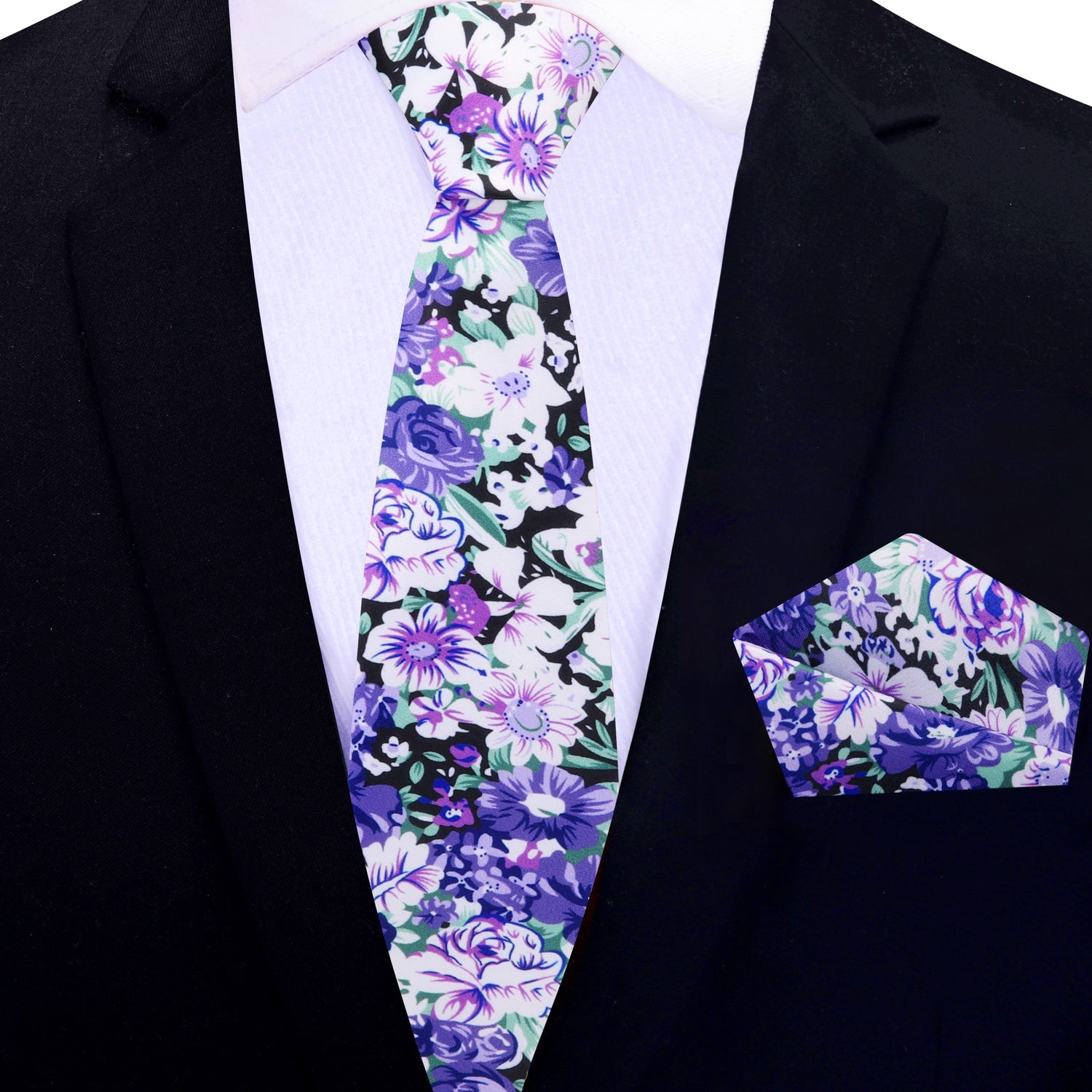 Thin Tie: Purple, Green, White Flowers Tie and Matching Square