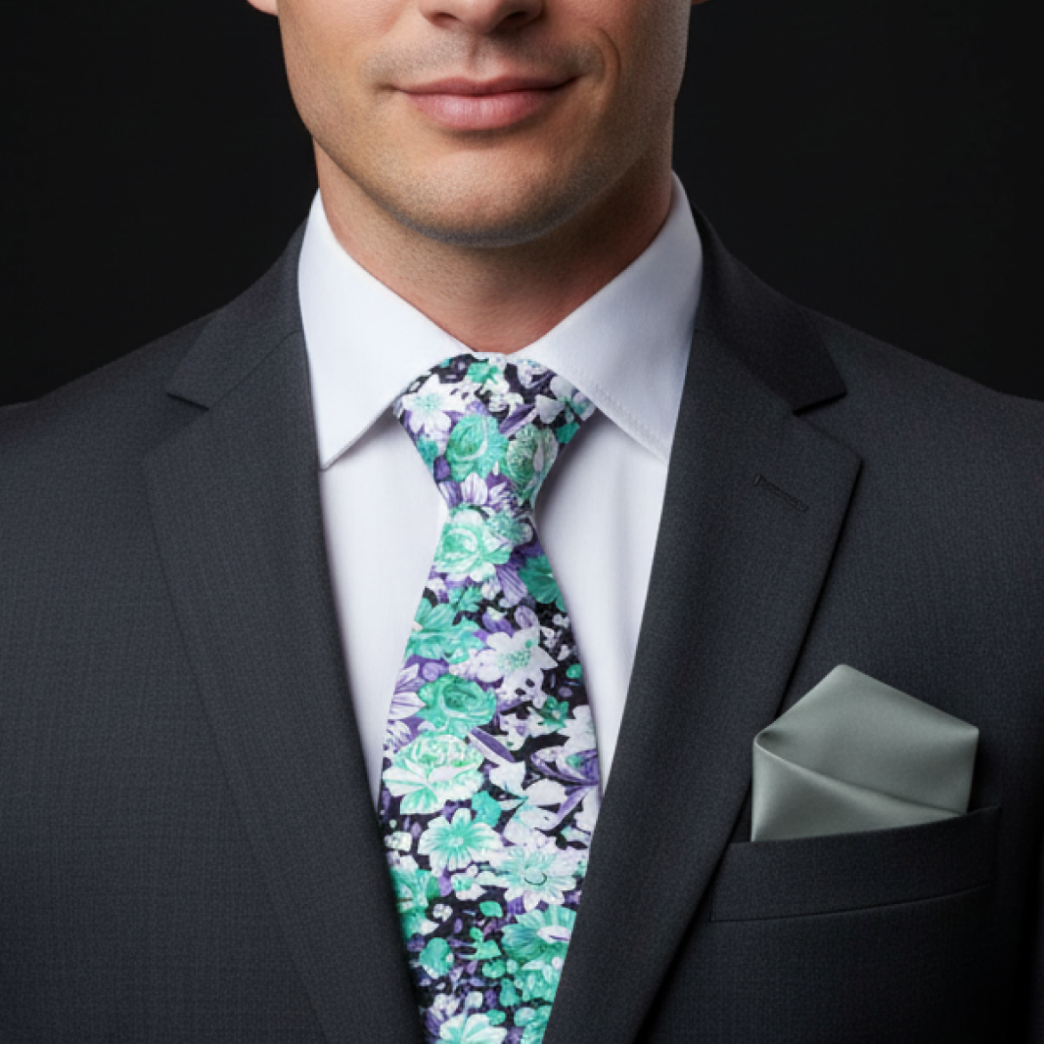 Green, Purple and White Floral Tie and Green Square