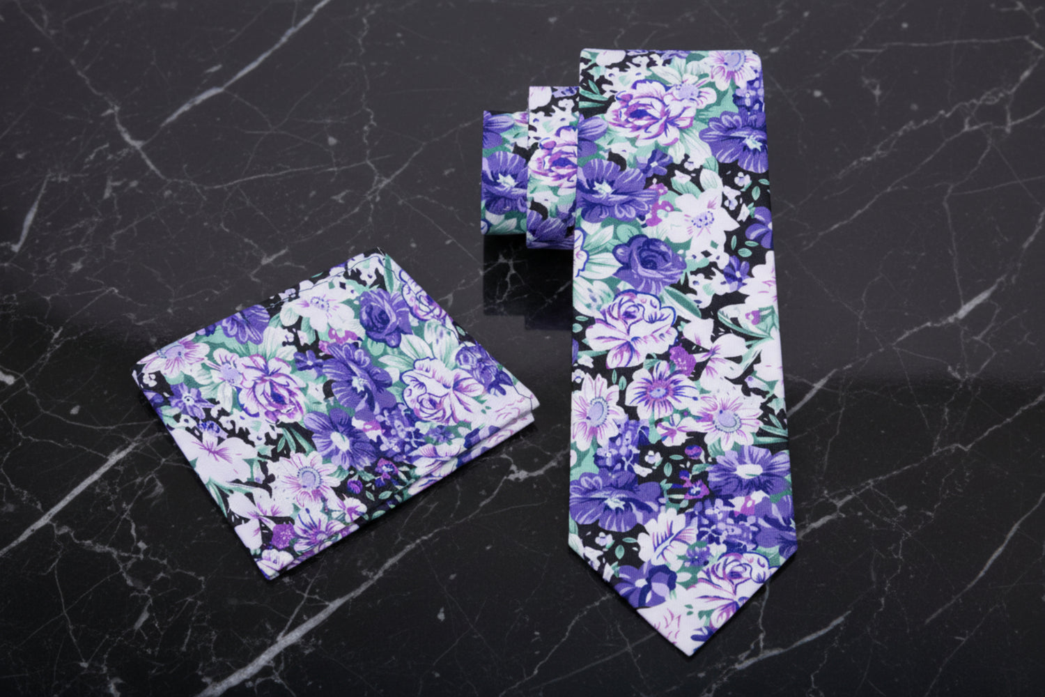 Alt View: Purple, Green, White Flowers Tie and Matching Square