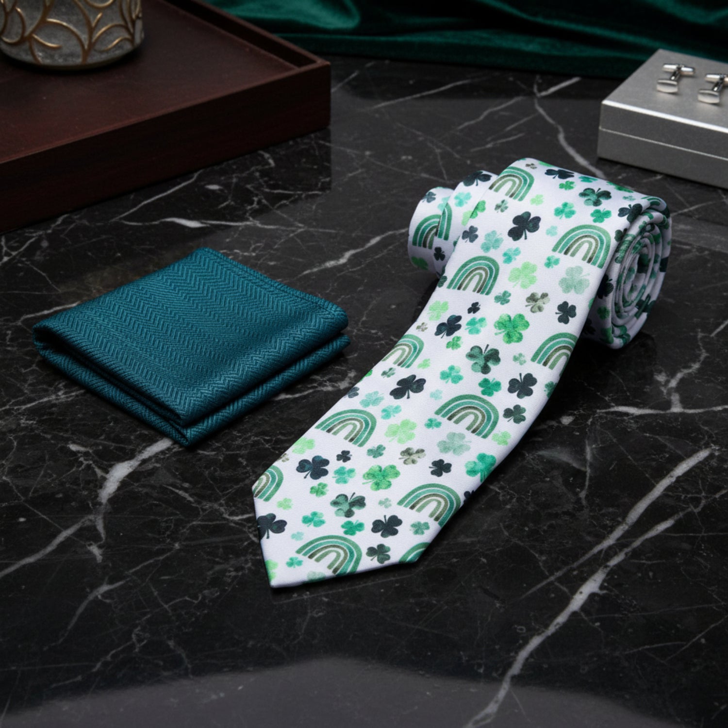 White, Green & Black Shamrock Rainbow Necktie