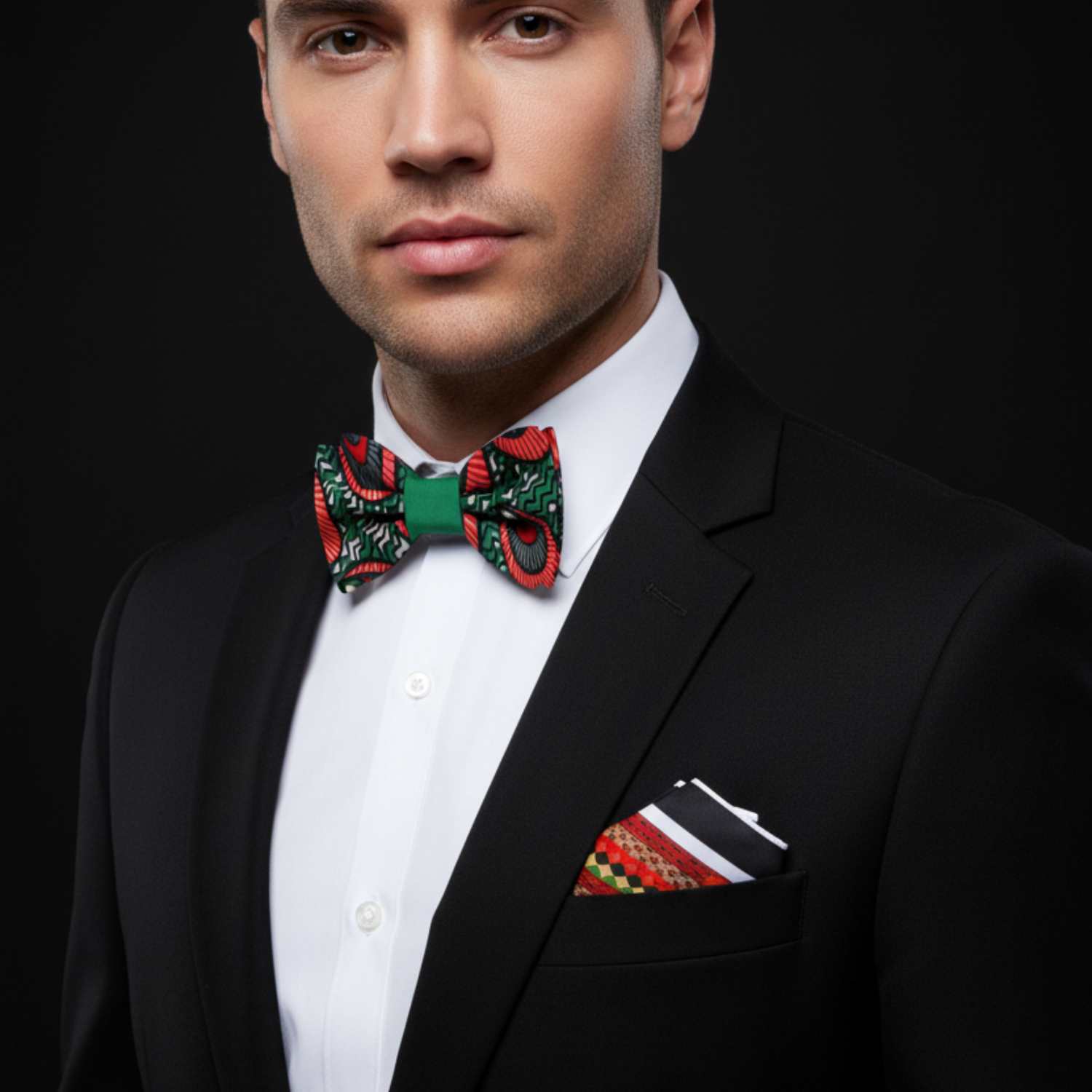 Kente-Inspired Green, Red & Black Bow Tie