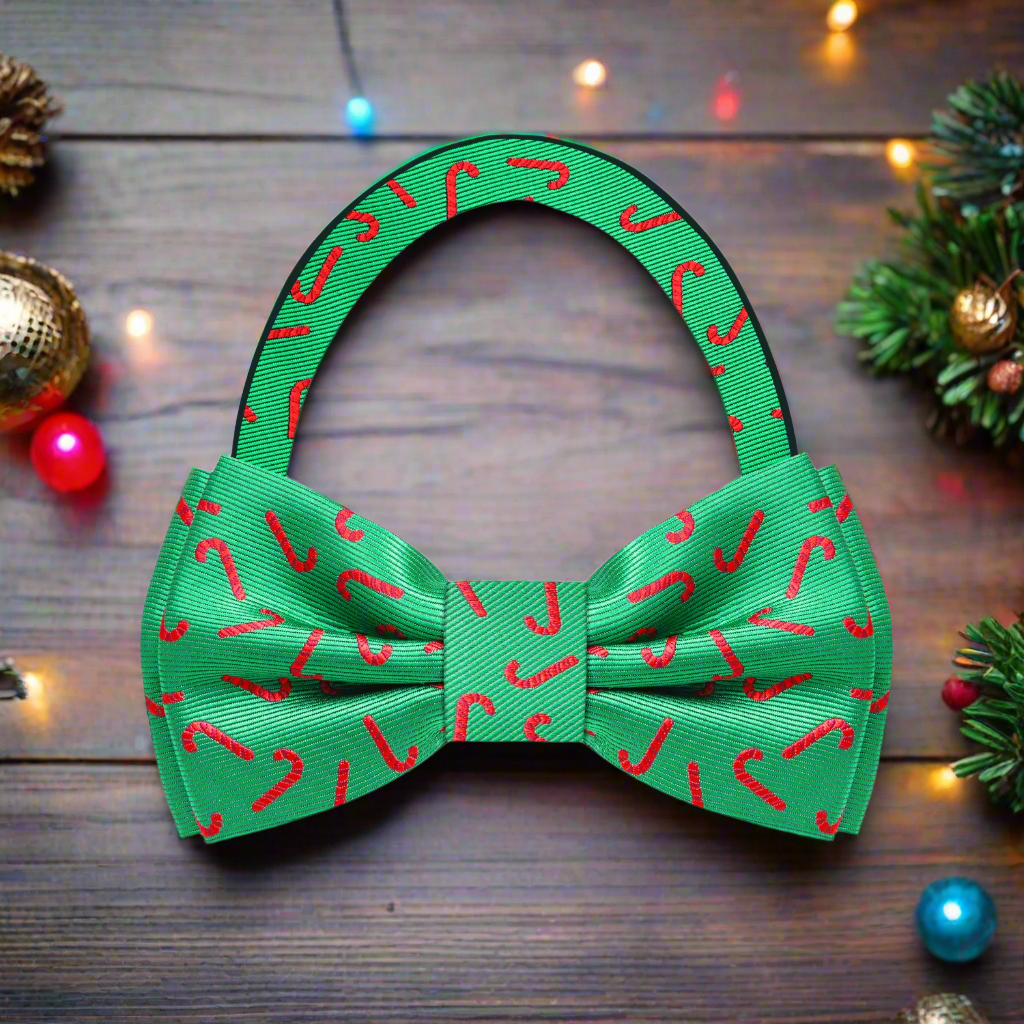 Green Silk with Red Candy Cane Bow Tie Pre Tied