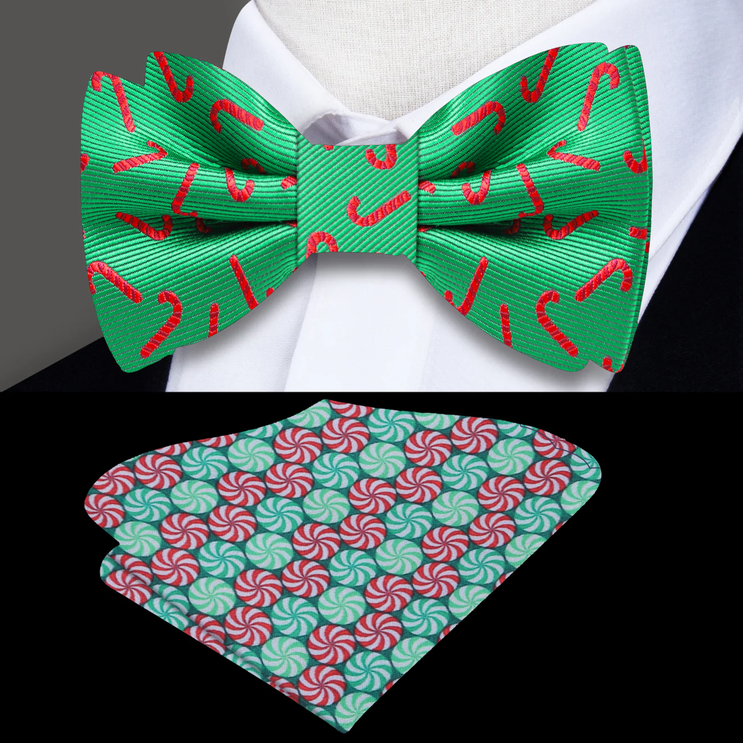 Green with Red Candy Cane Bow Tie and Accenting pocket Square
