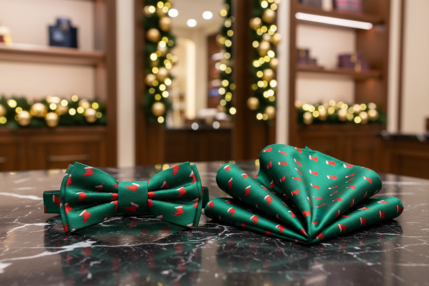 Green, Red Stockings Bow Tie Pre Tied