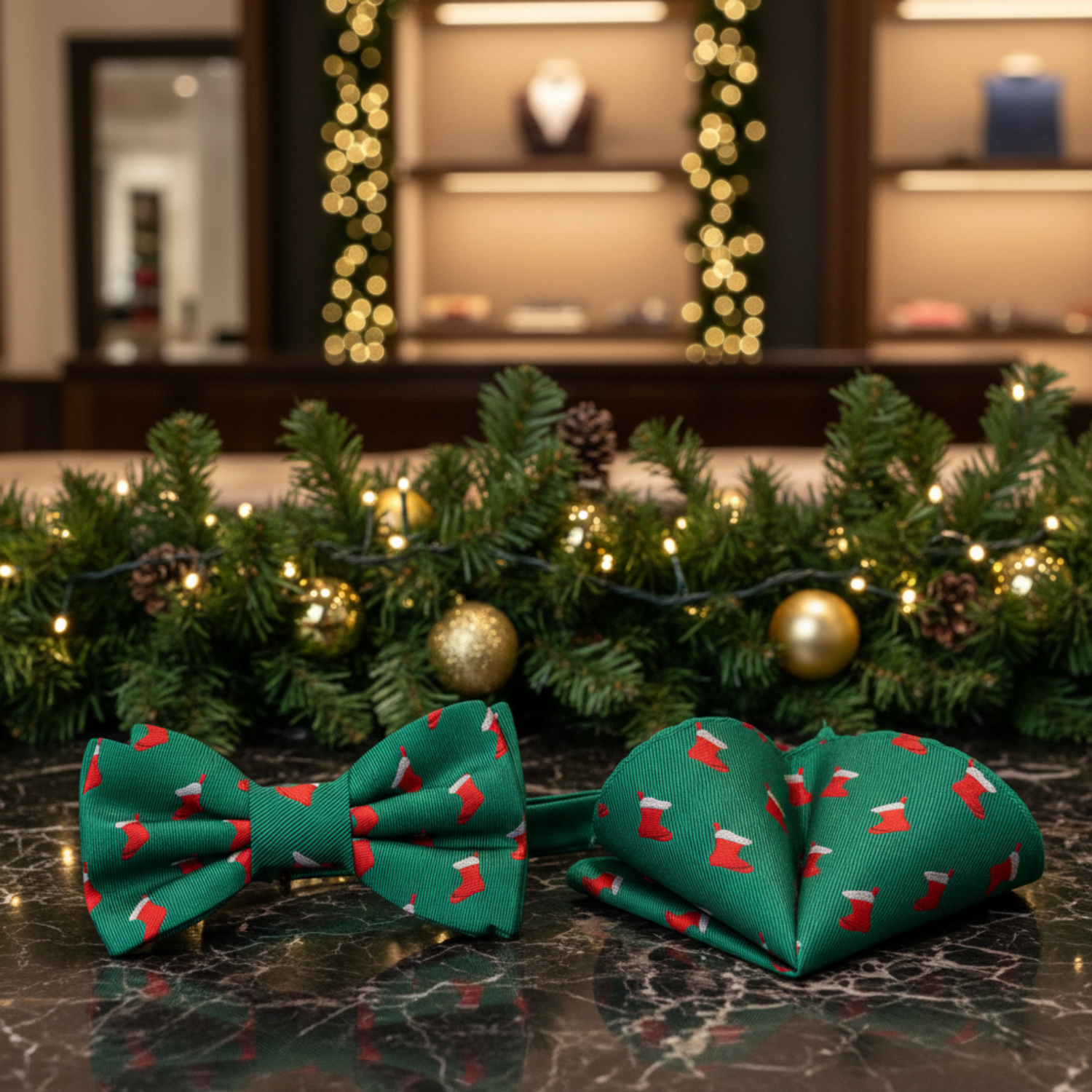 Green, Red Stockings Bow Tie and Square||Green