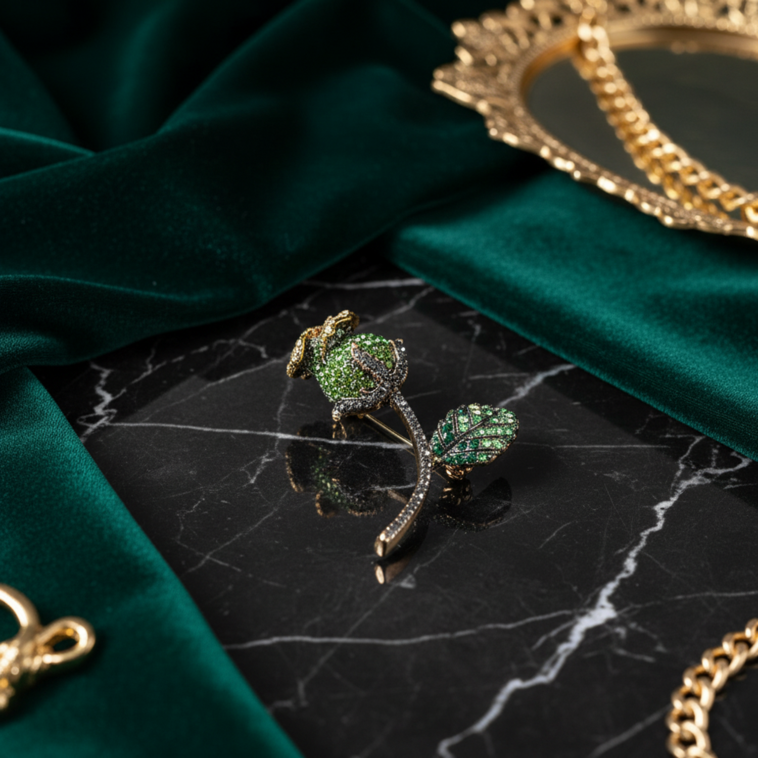 Green Rose with Green Leaf Stones Lapel Pin