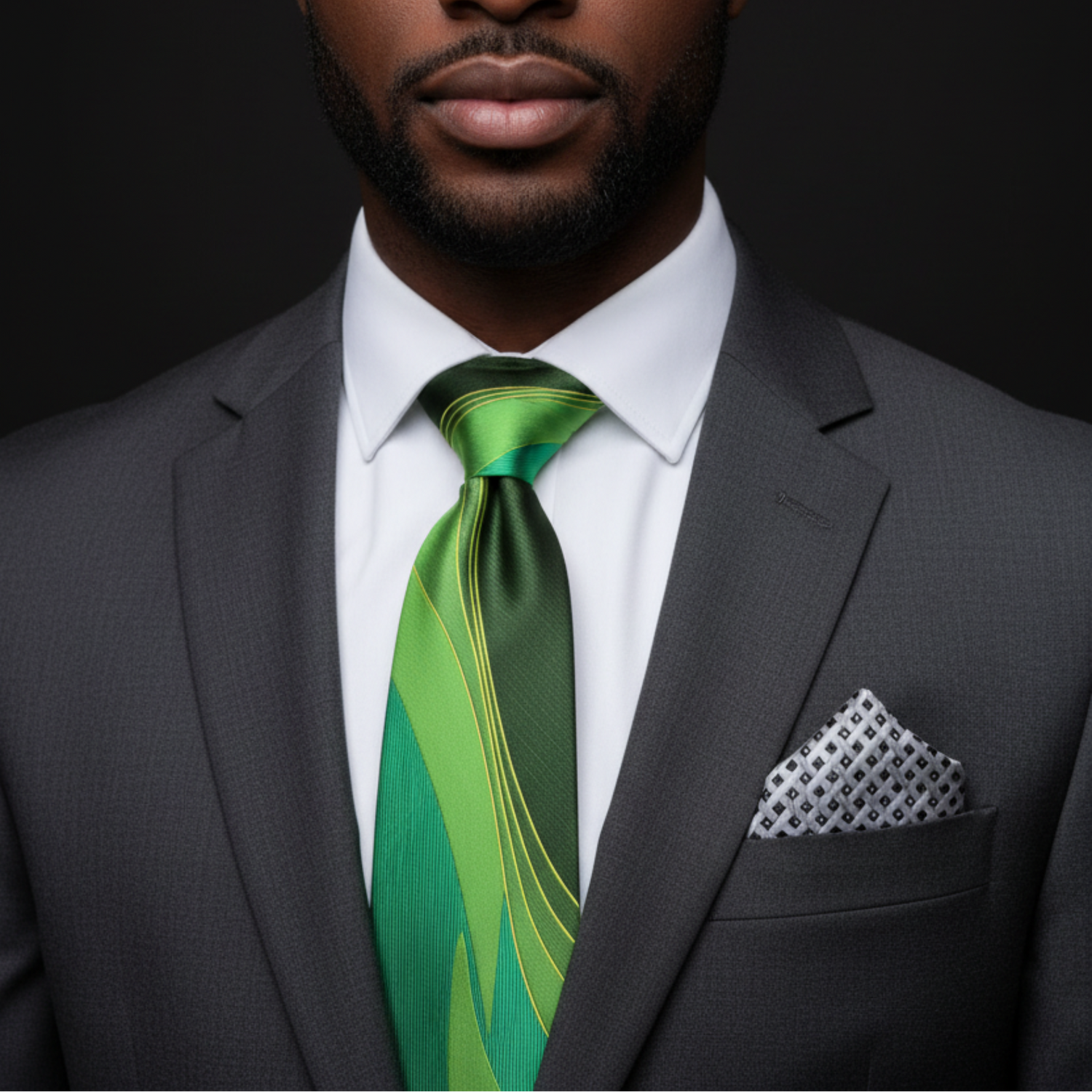 Man wearing a gray suit with a green tie and patterned pocket square on a black background