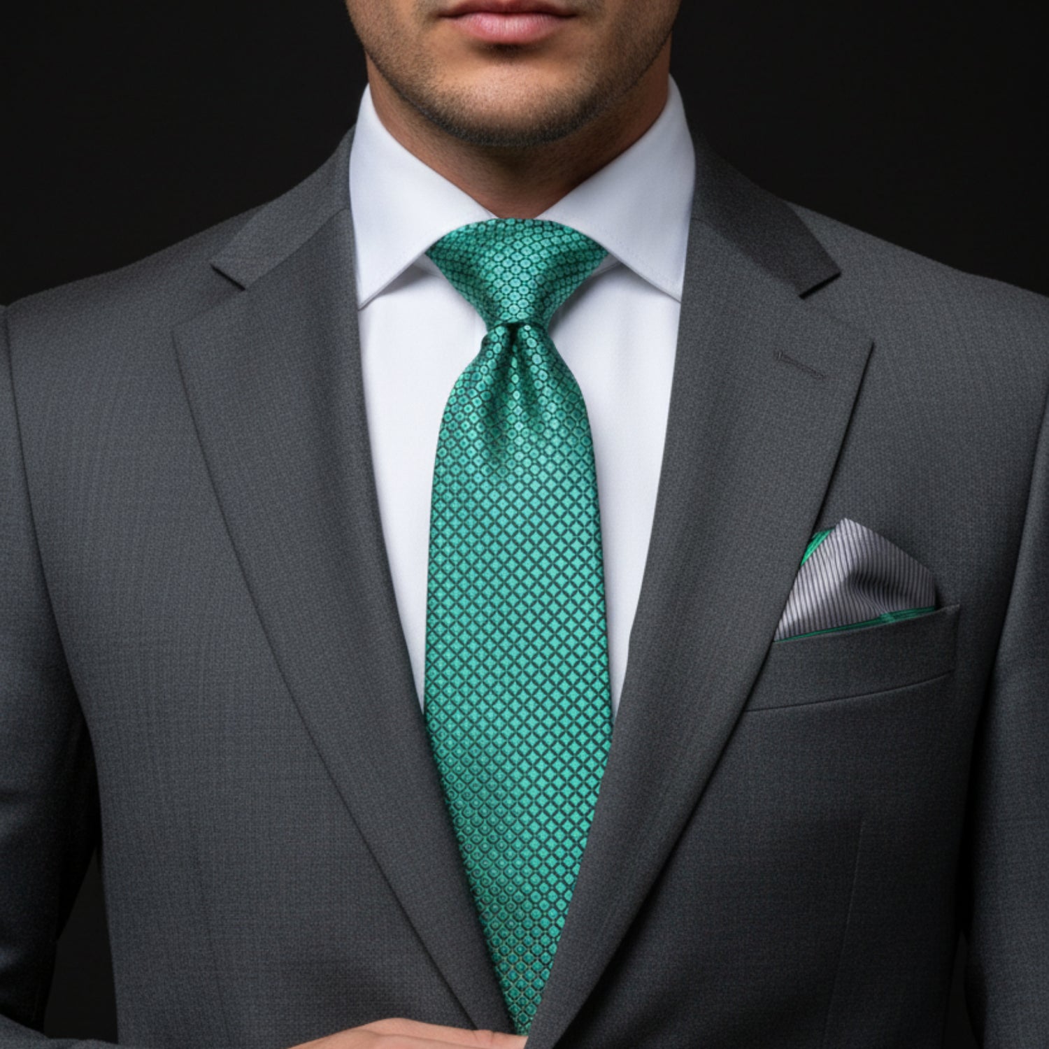 Man wearing a gray suit with a white shirt and green patterned tie on a black background