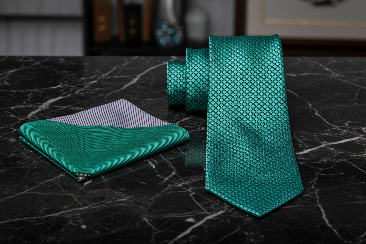 Alt View: Green Geometric Tie and Green, Grey Pocket Square
